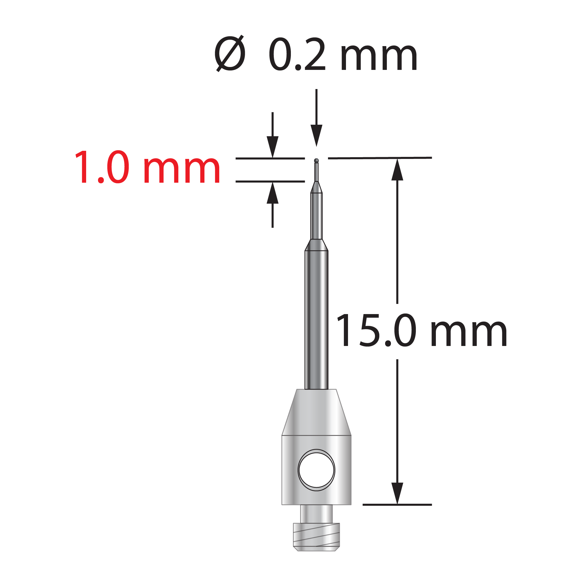 TM2-0215-C M2 stylus with 0.2mm carbide ball, stepped carbide stem, and stainless steel base.