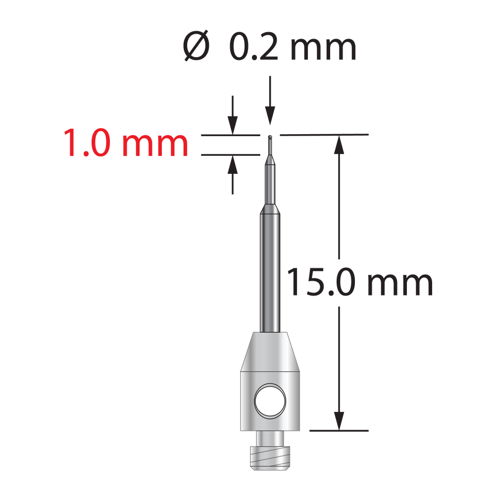 M2 stylus with 0.2 mm diameter carbide ball, stepped carbide stem, and 3.0 mm diameter x 5.0 mm long stainless steel base. Minor stem diameter is 0.17 mm, intermediate diameter is 0.5 mm, and major diameter is 1.0 mm. Stylus weight is 0.27 gram.