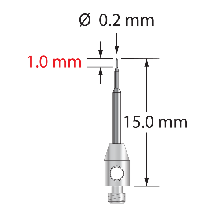 M2 stylus with 0.2 mm diameter carbide ball, stepped carbide stem, and 3.0 mm diameter x 5.0 mm long stainless steel base. Minor stem diameter is 0.17 mm, intermediate diameter is 0.5 mm, and major diameter is 1.0 mm. Stylus weight is 0.27 gram.