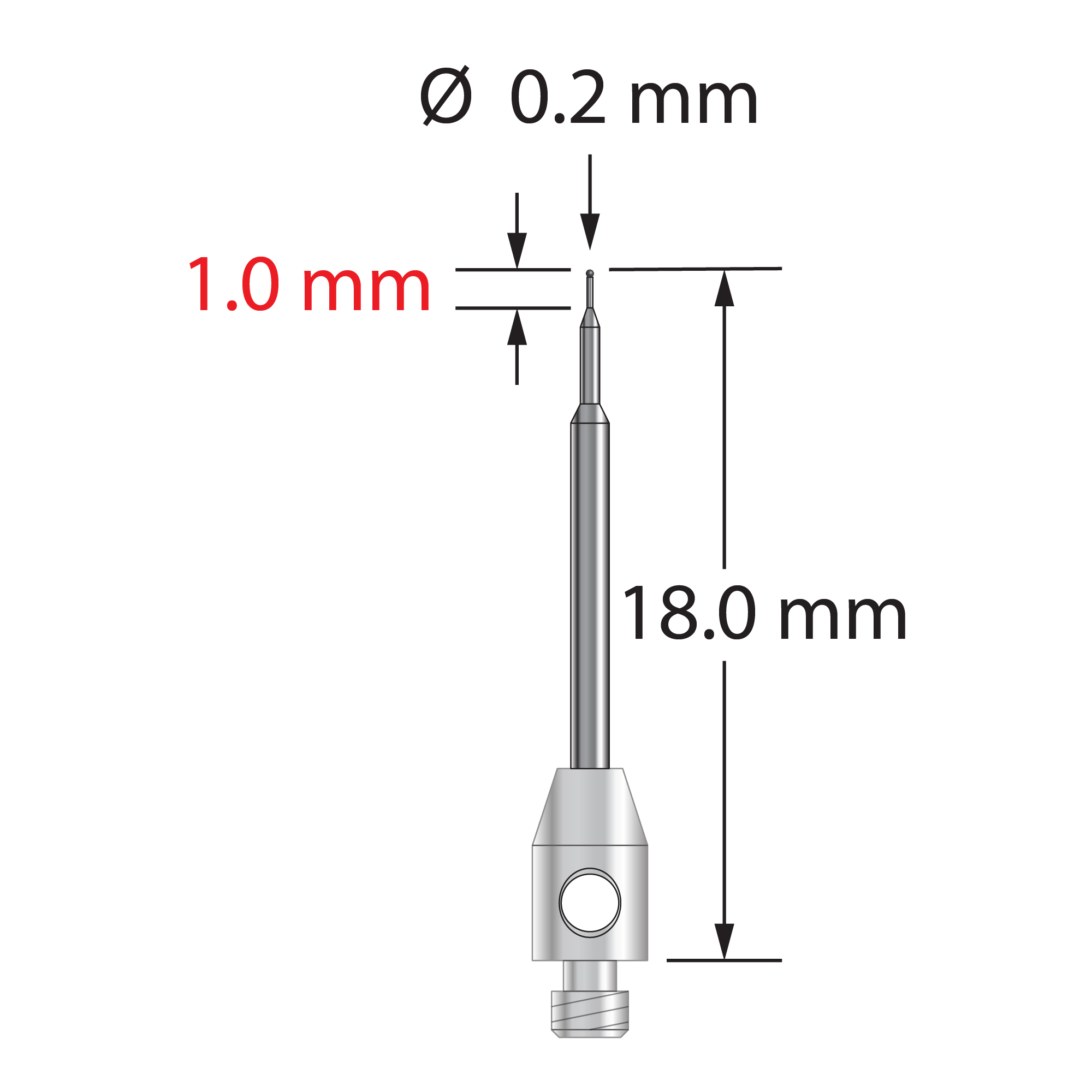TM2-0218-C M2 stylus with 0.2mm carbide ball, stepped carbide stem, and stainless steel base.