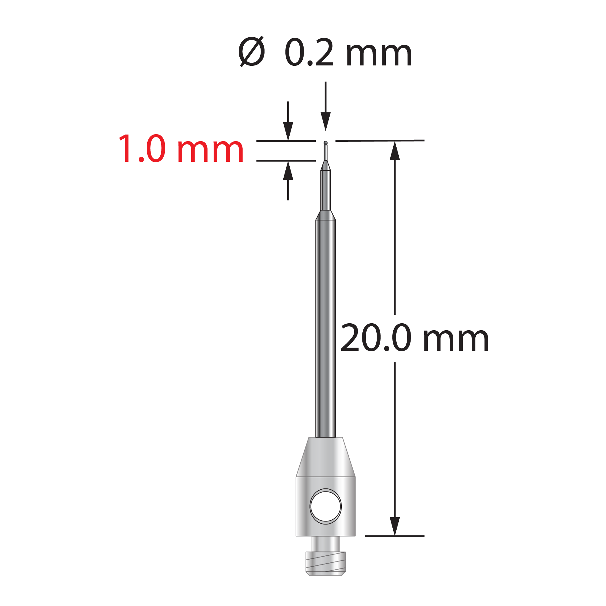 TM2-0220-C M2 stylus with 0.2mm carbide ball, stepped carbide stem, and stainless steel base.