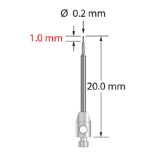 TM2-0220-C M2 stylus with 0.2mm carbide ball, stepped carbide stem, and stainless steel base.