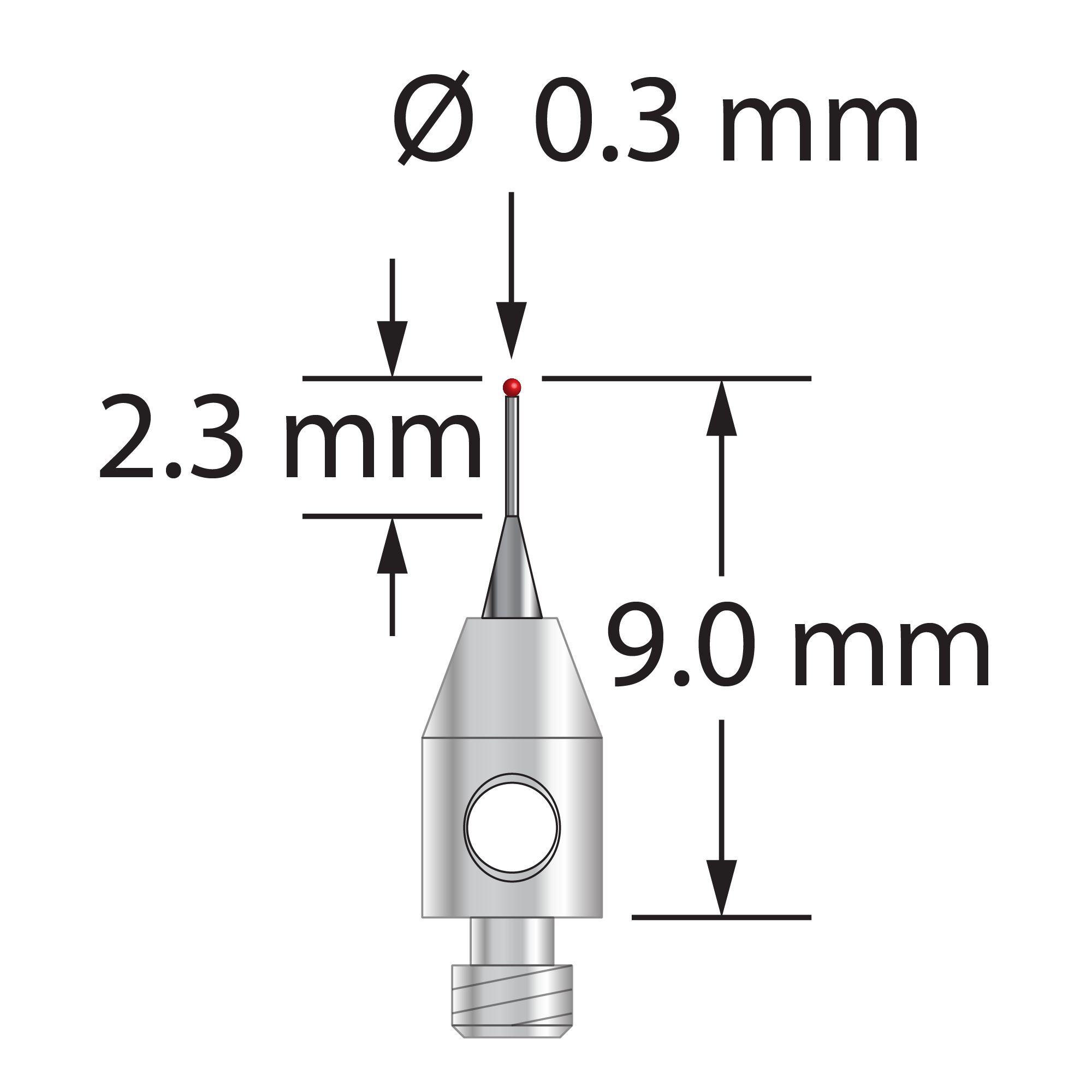 TM2-0309-SN M2 stylus with 0.3mm silicon nitride ball, tapered carbide stem, and stainless steel base.