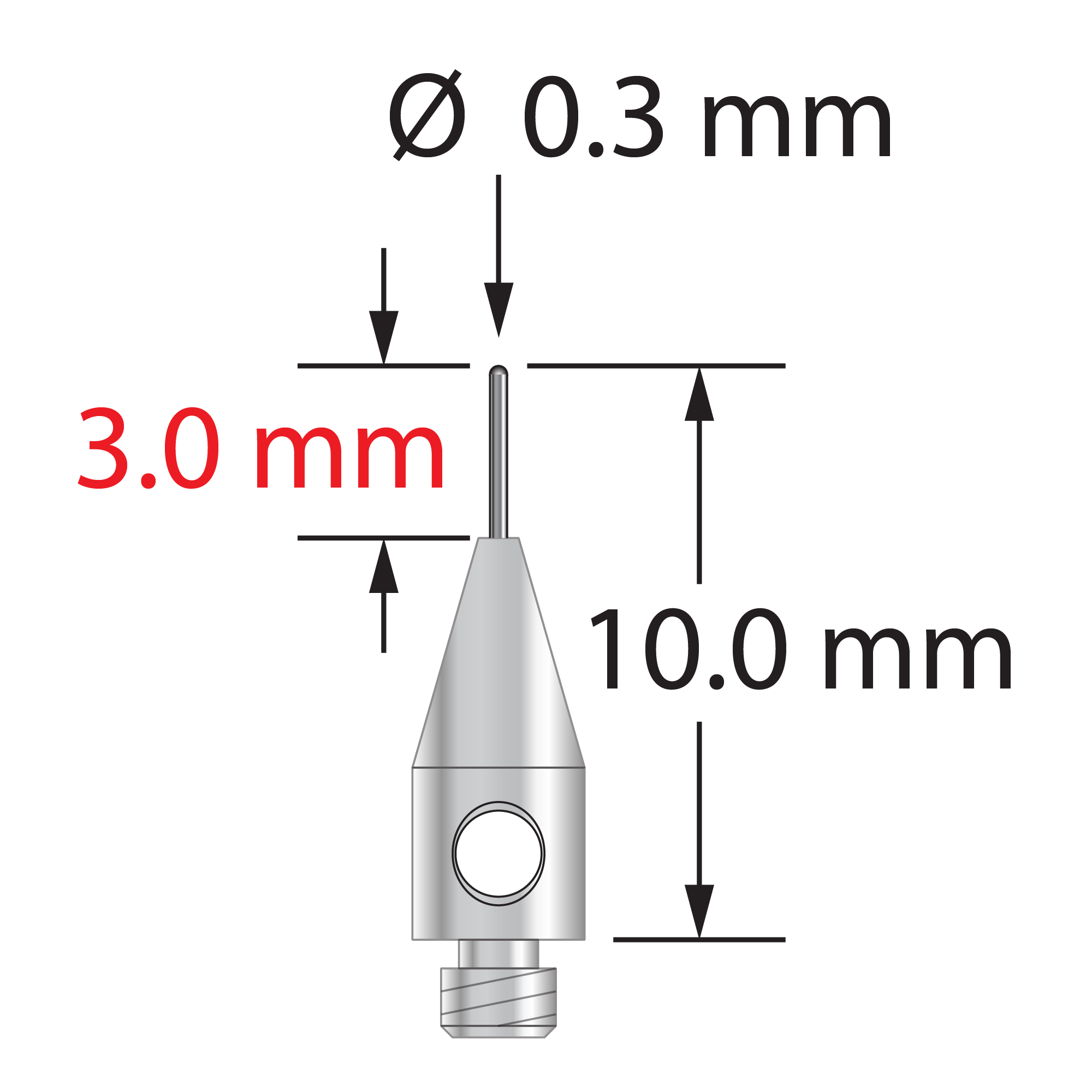 TM2-0310-BC M2 stylus, 0.3mm carbide cylinder, 10mm long, stainless steel base by Q-Mark Manufacturing, Inc.