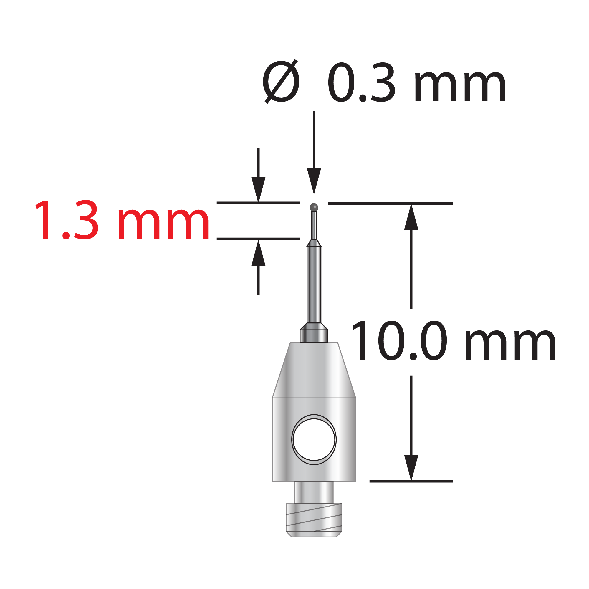 TM2-0310-C M2 stylus with 0.3mm carbide ball, stainless steel base, and stepped carbide stem, 10mm long.