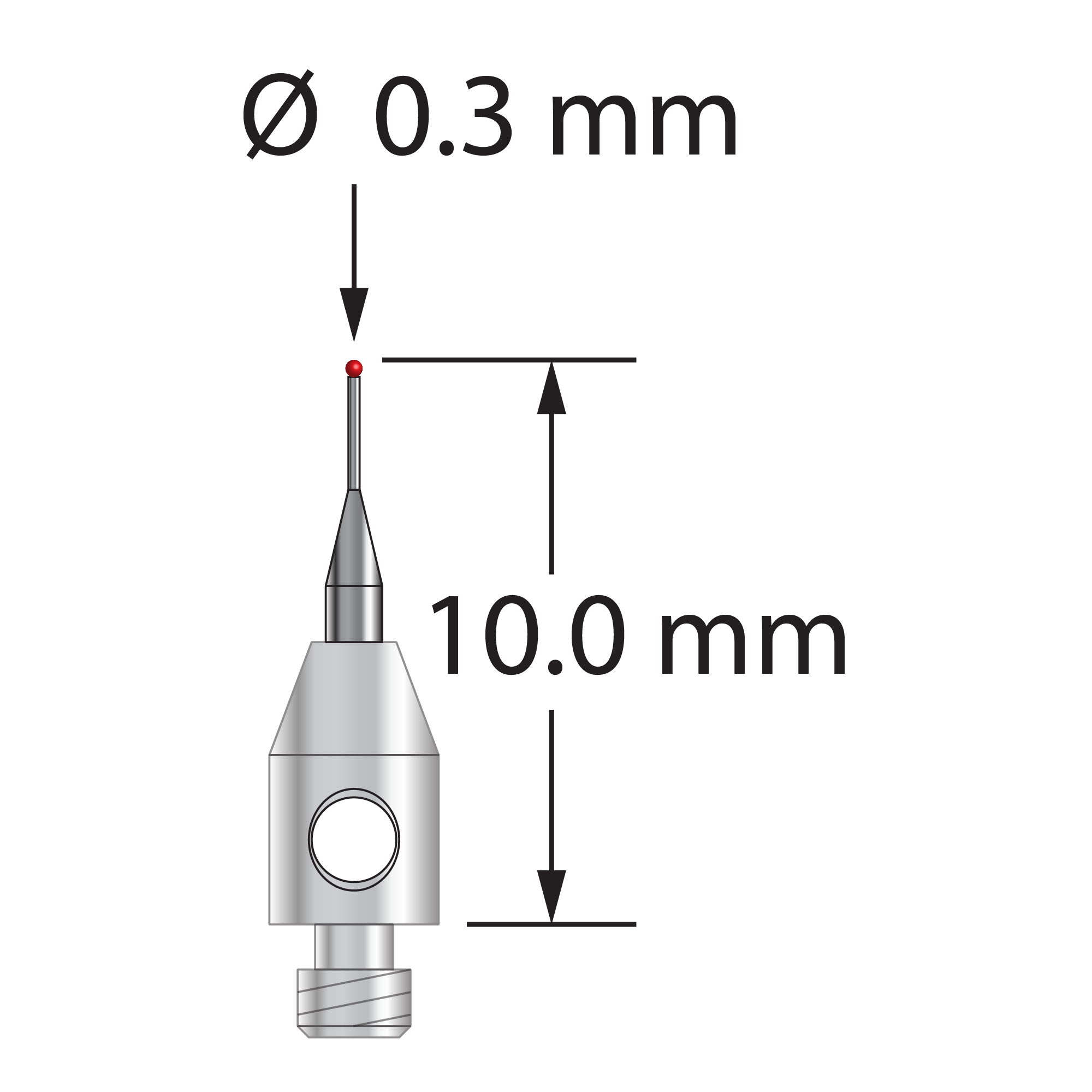 TM2-0310-R M2 stylus with 0.3mm ruby ball, tapered carbide stem, and stainless steel base by Q-Mark Manufacturing, Inc.