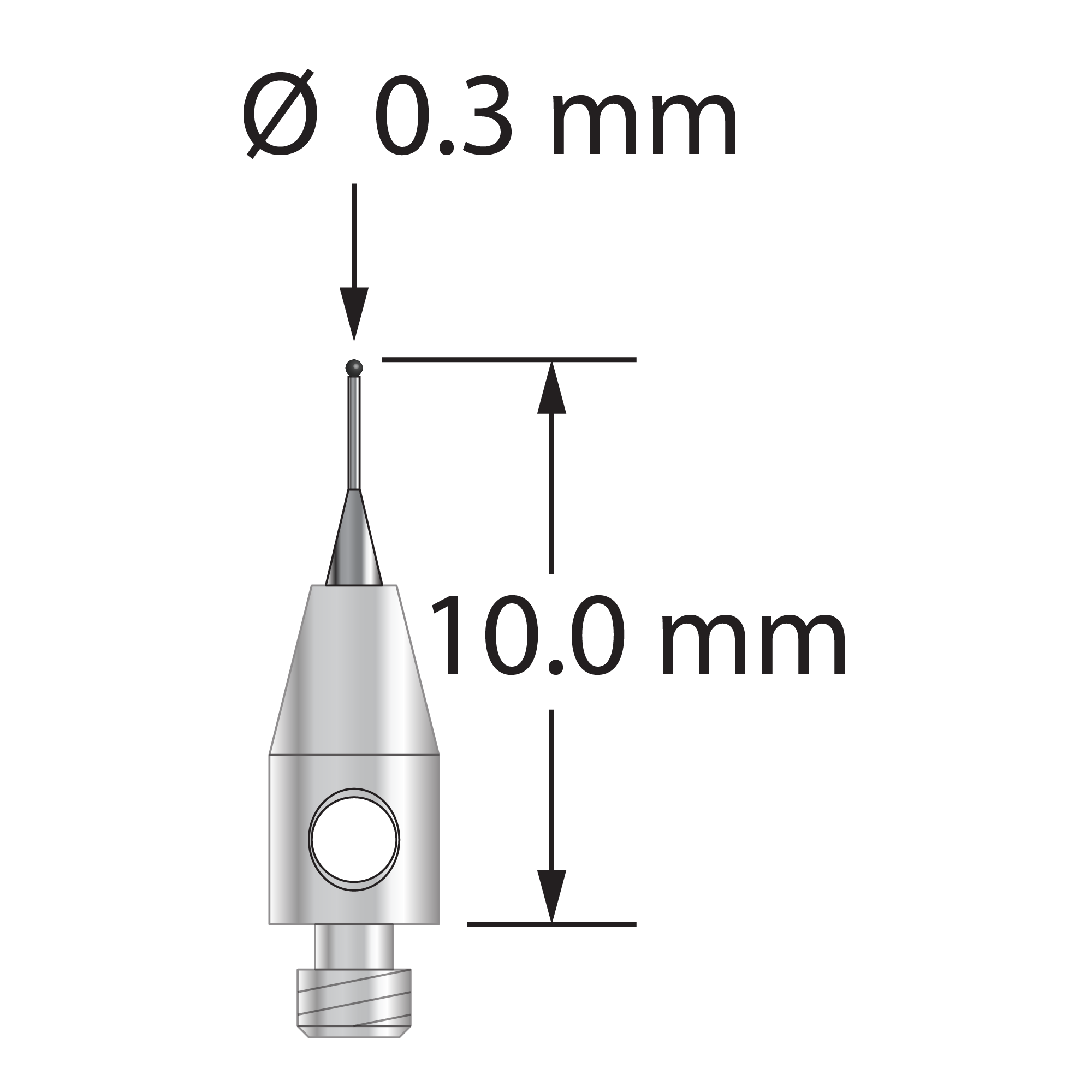 TM2-0310-SN M2 stylus with 0.3mm silicon nitride ball, tapered carbide stem, and stainless steel base by Q-Mark Manufacturing, Inc.