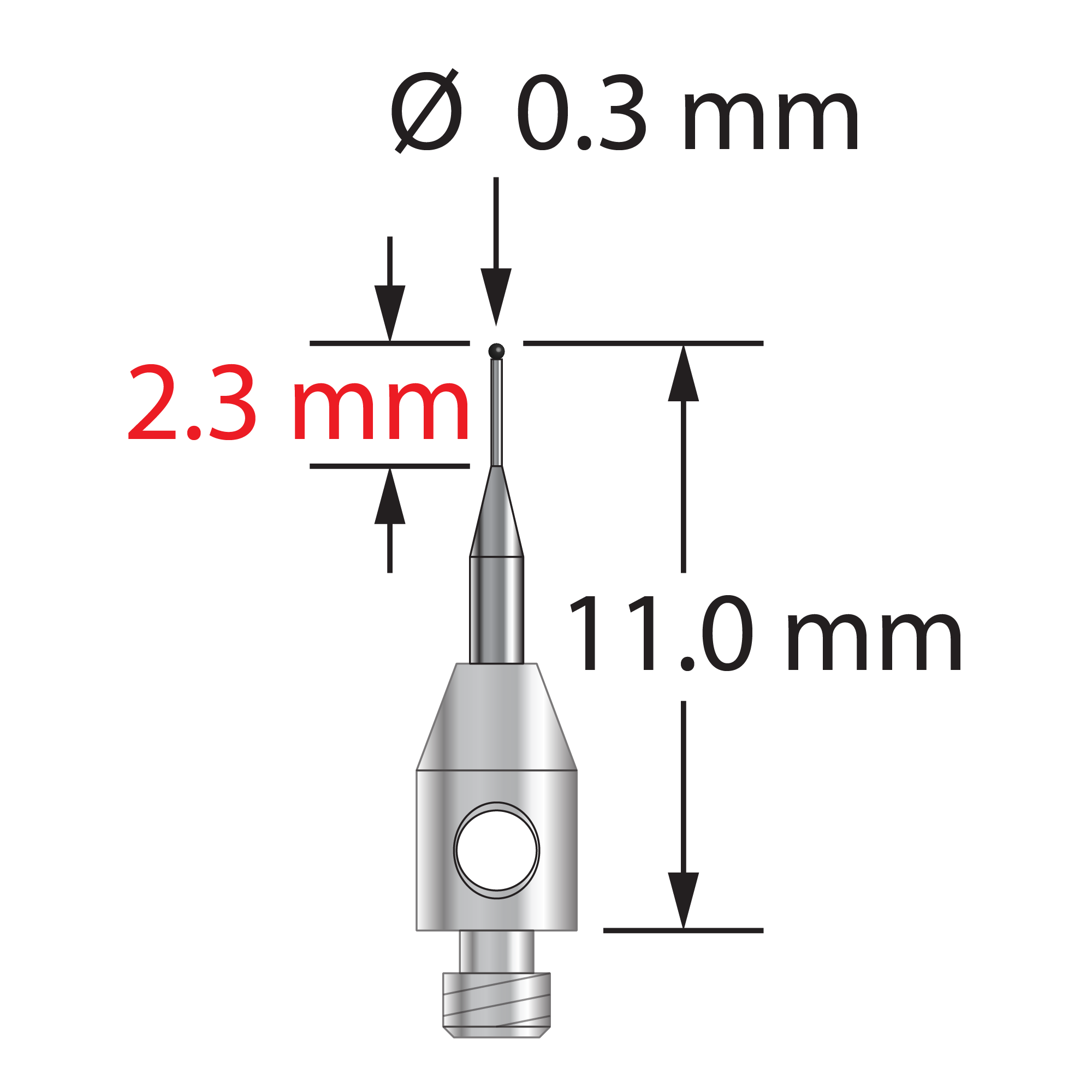TM2-0311-SN 0.3mm silicon nitride ball stylus with tapered carbide stem and stainless steel base.