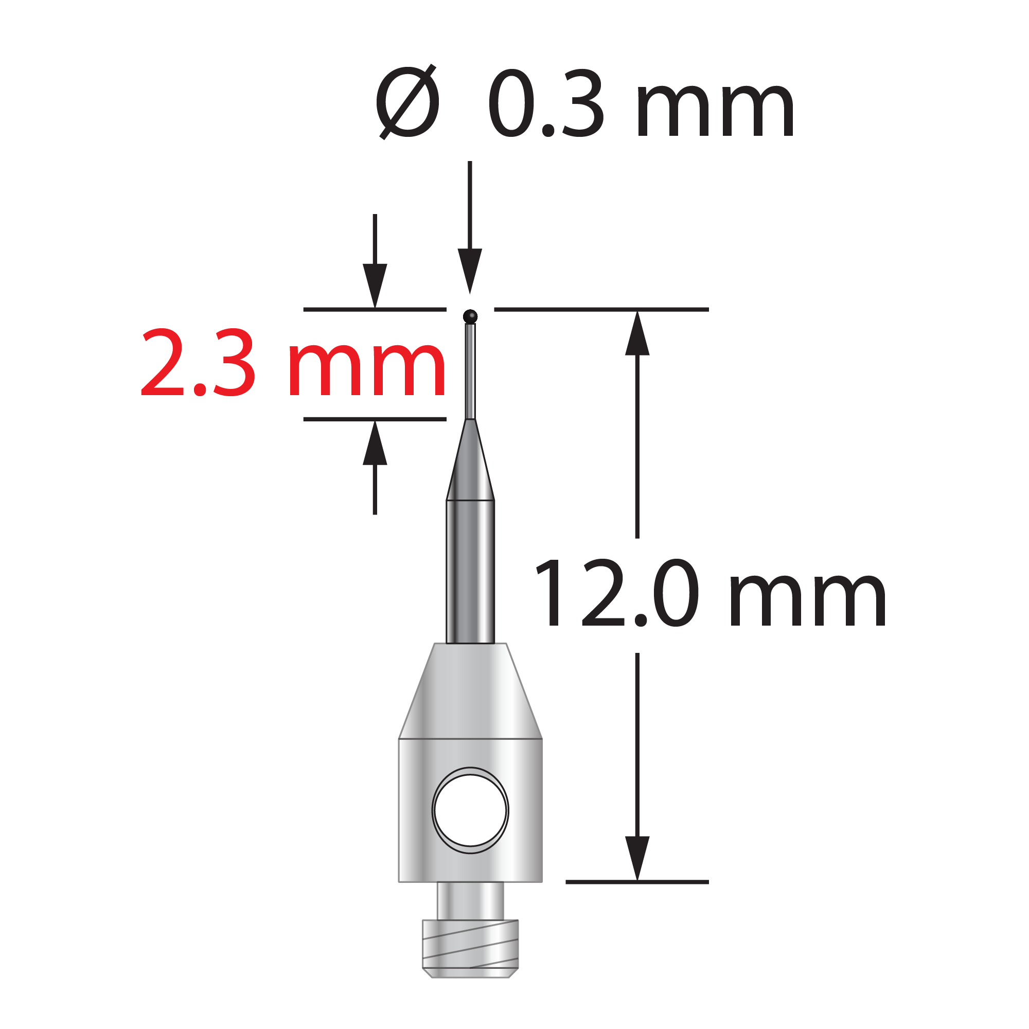 TM2-0312-SN M2 stylus with 0.3mm silicon nitride ball, tapered carbide stem, and stainless steel base by Q-Mark Manufacturing, Inc.