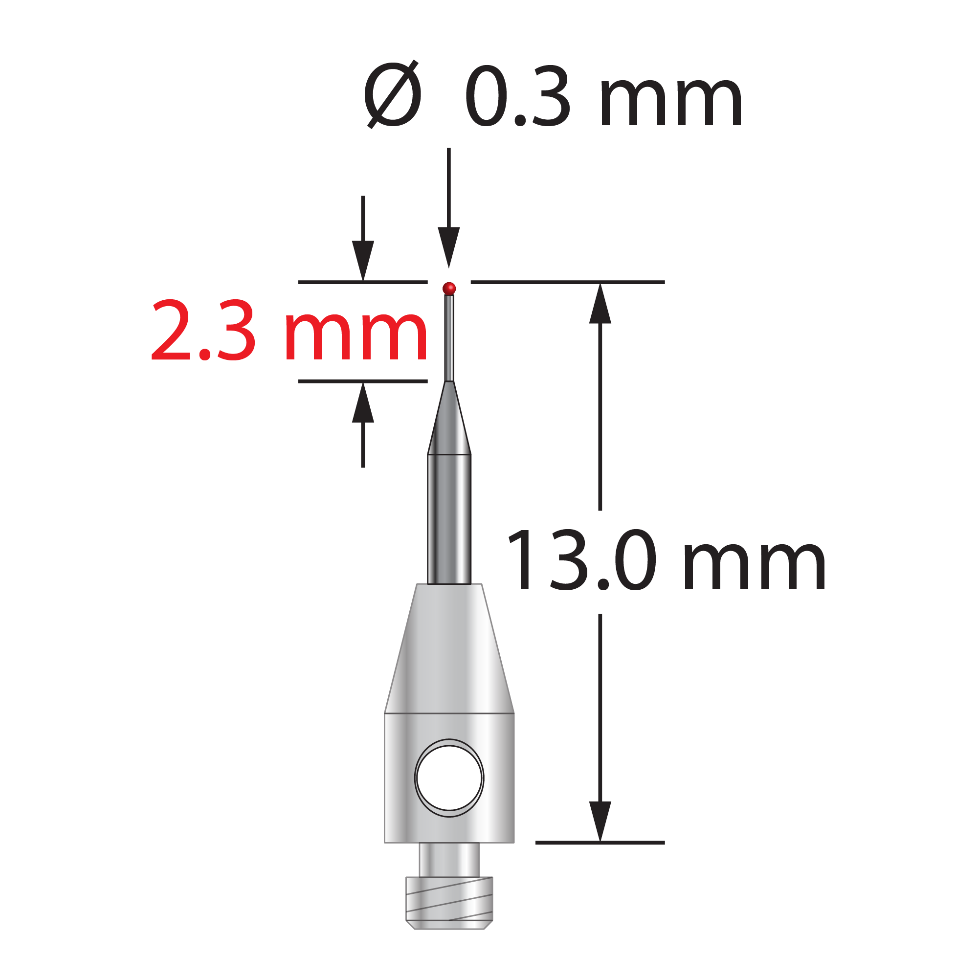 TM2-0313-06 M2 stylus with 0.3mm ruby ball, tapered carbide stem, and stainless steel base by Q-Mark Manufacturing, Inc.