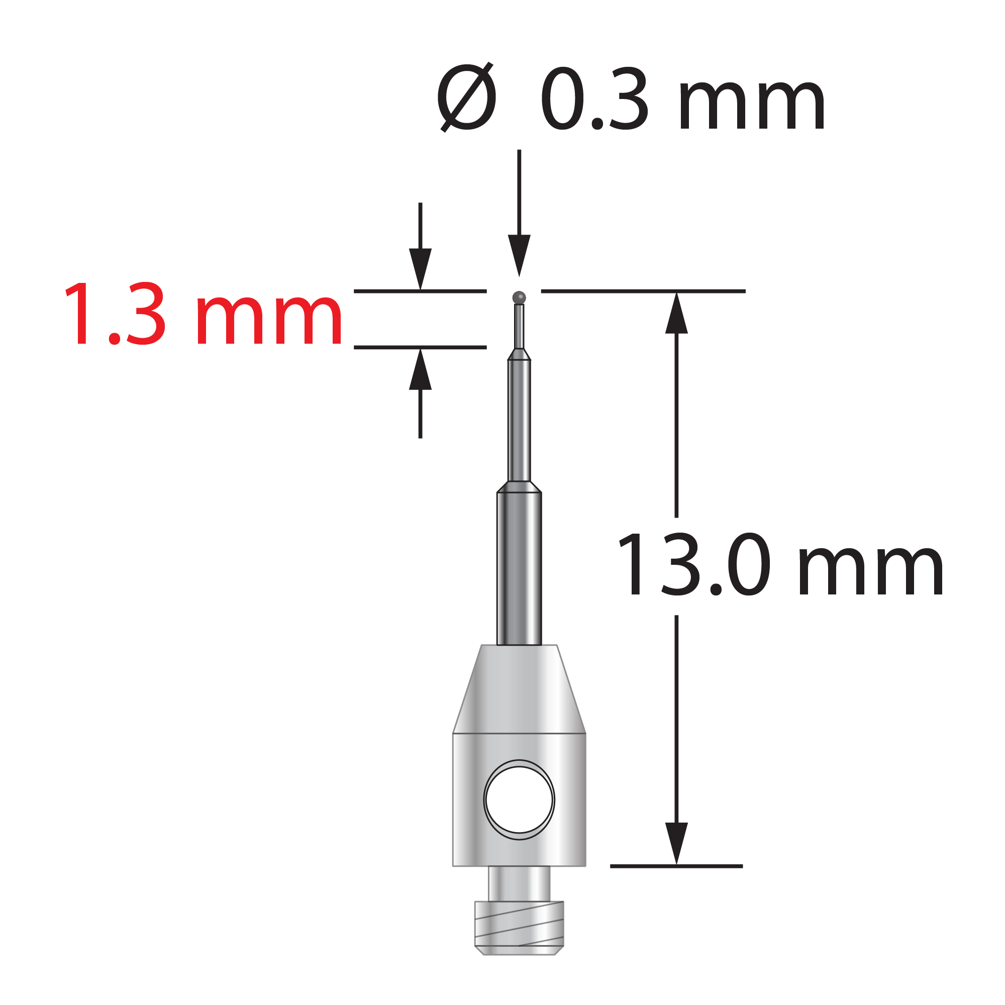 TM2-0313-C M2 stylus with 0.3mm carbide ball, stepped carbide stem, and stainless steel base, 13mm long.