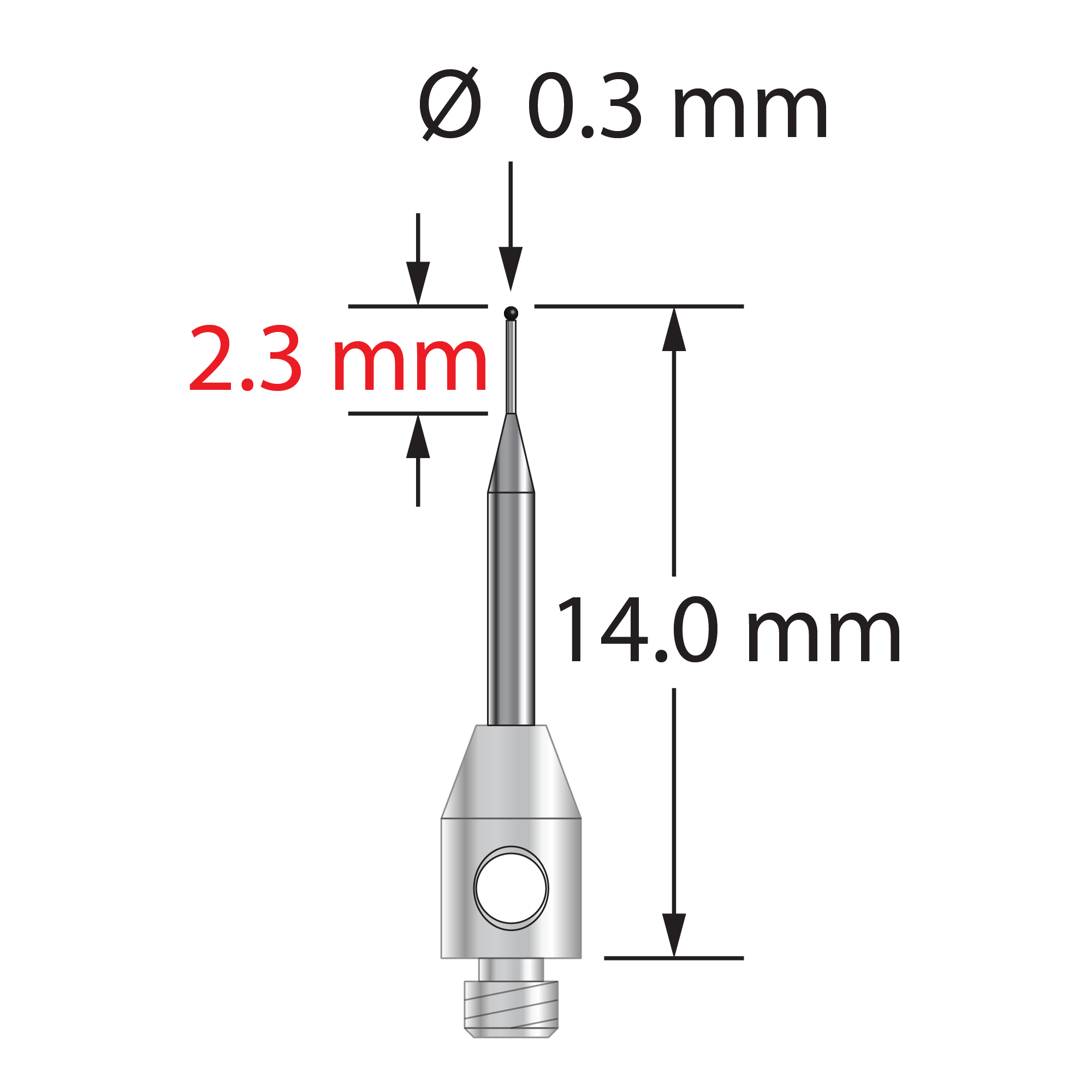 TM2-0314-SN M2 stylus with 0.3mm silicon nitride ball, carbide stem, stainless steel base, 14mm long.