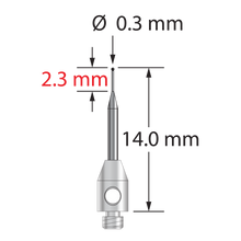 TM2-0314-SN M2 stylus with 0.3mm silicon nitride ball, carbide stem, stainless steel base, 14mm long.