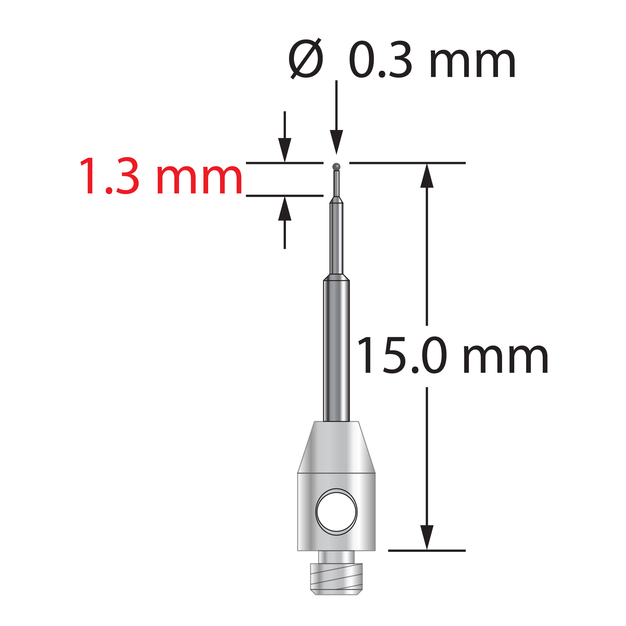 TM2-0315-C M2 stylus with 0.3mm carbide ball, stepped carbide stem, and stainless steel base.