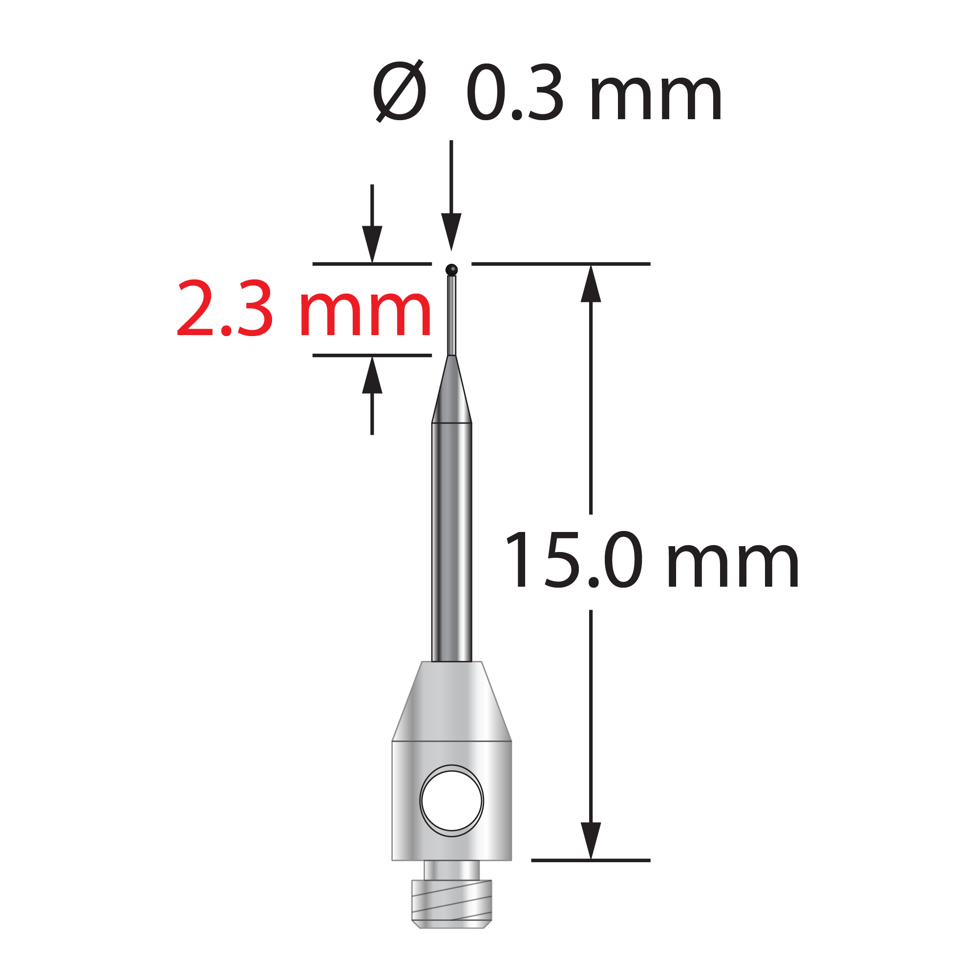 TM2-0315-SN M2 stylus with 0.3mm silicon nitride ball, carbide stem, stainless steel base, 15mm long by Q-Mark Manufacturing, Inc.