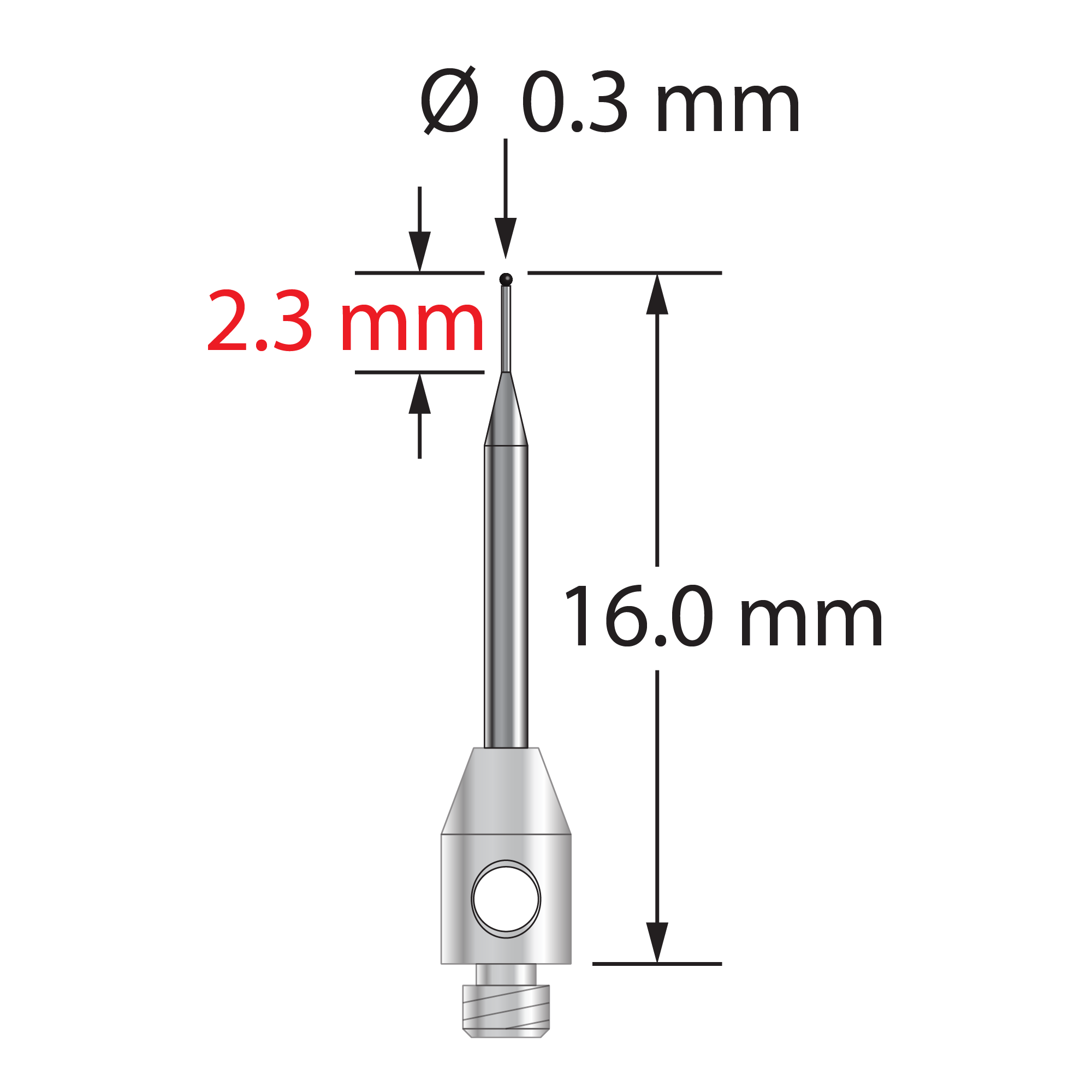 TM2-0316-SN M2 stylus with 0.3mm silicon nitride ball and stainless steel base by Q-Mark Manufacturing, Inc.