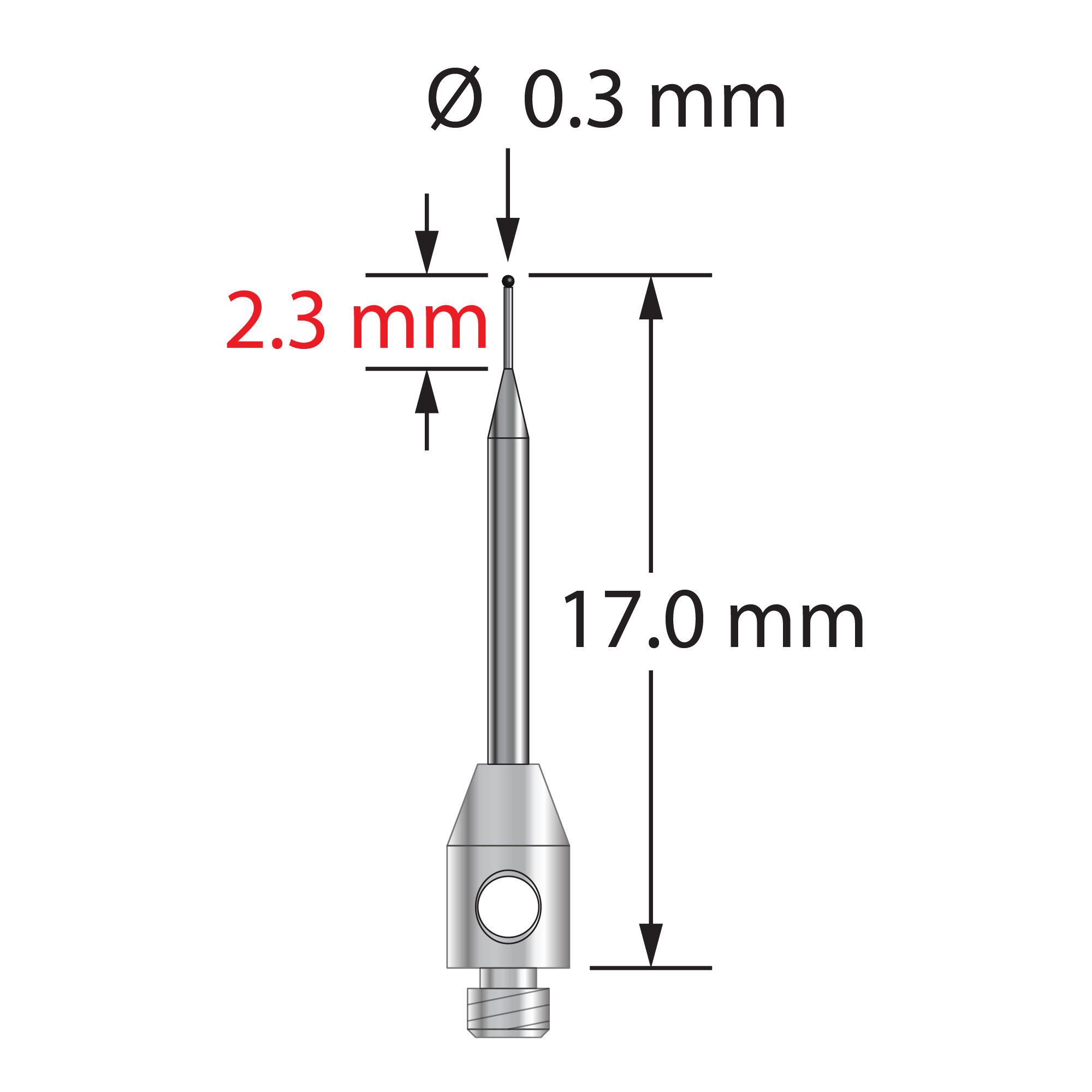 TM2-0317-SN M2 stylus with 0.3mm silicon nitride ball, tapered carbide stem, and stainless steel base, 17mm long.