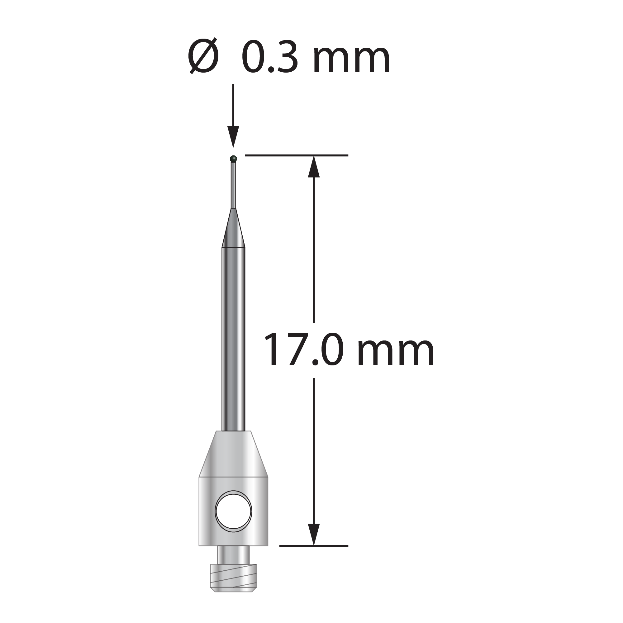 M2 stylus with 0.3 mm diameter silicon nitride ball, tapered carbide stem, and 3.0 mm diameter x 5.0 mm long stainless steel base. Minor stem diameter is 0.2 mm, major diameter is 1.0 mm. Overall stylus length is 17.0 mm. Stylus weight is 0.26 gram. Compare to Zeiss 626102-5245-017.
