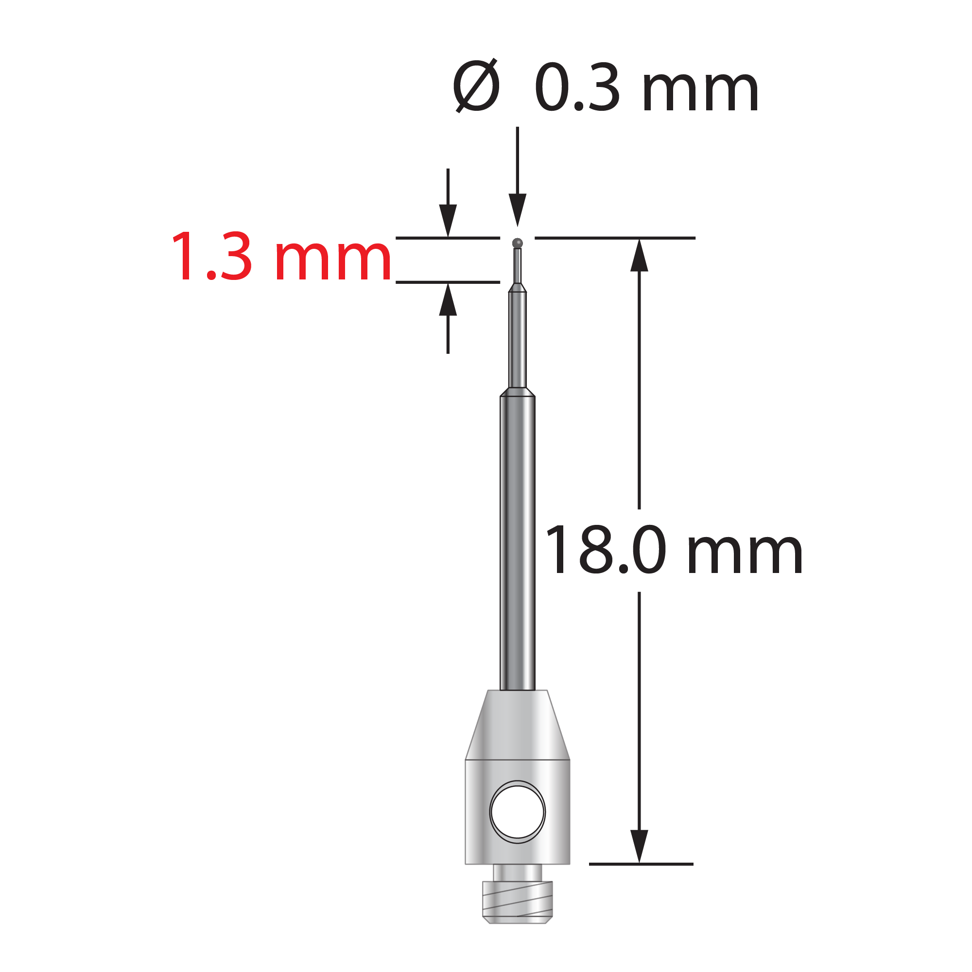 TM2-0318-C M2 stylus with 0.3mm carbide ball, stepped carbide stem, and stainless steel base, 18.0mm long by Q-Mark Manufacturing, Inc.