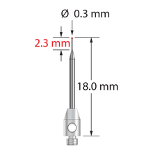 TM2-0318-R M2 stylus with 0.3mm ruby ball, tapered carbide stem, and stainless steel base, 18.0mm long.