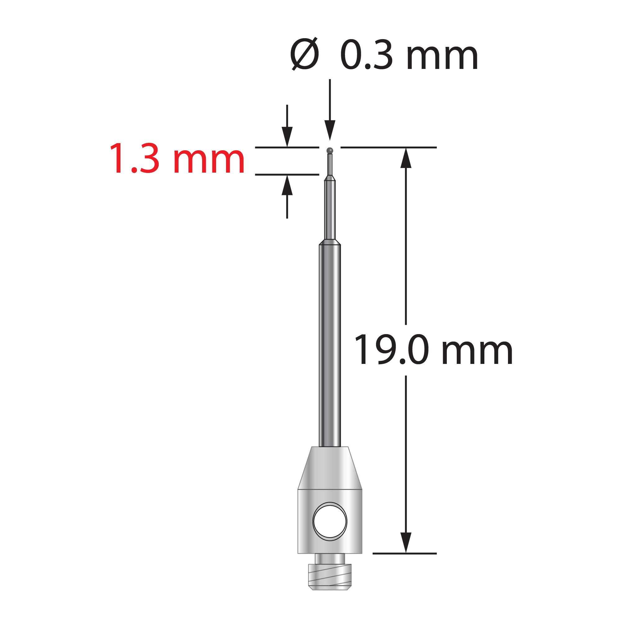 TM2-0319-C M2 stylus with 0.3mm carbide ball, stepped carbide stem, and stainless steel base, 19.0mm long by Q-Mark Manufacturing, Inc.