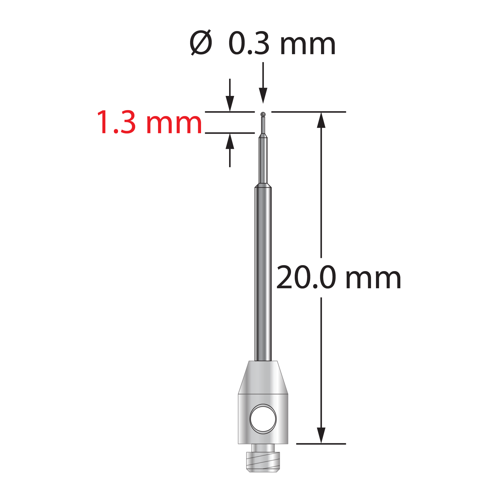 TM2-0320-C M2 stylus with 0.3mm carbide ball, stepped carbide stem, and stainless steel base, 20mm long.