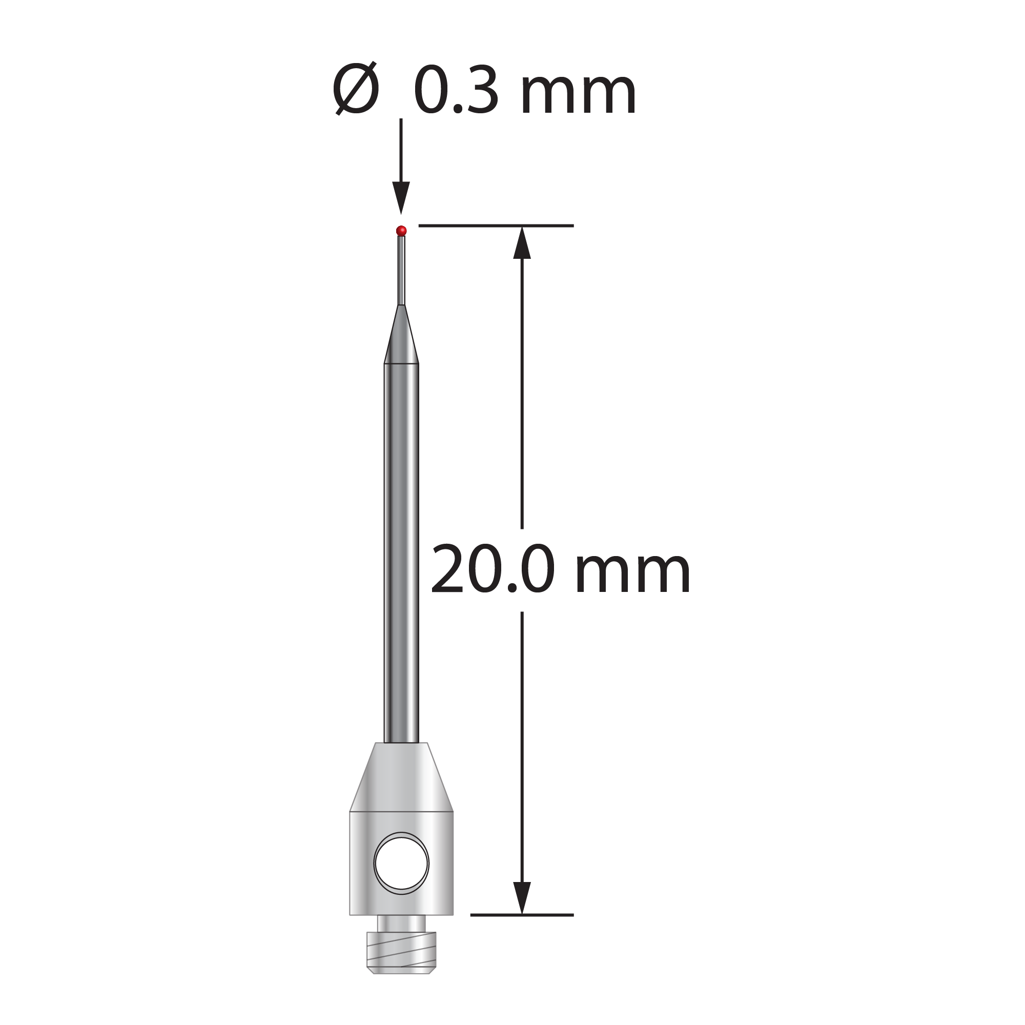 TM2-0320-R M2 stylus with 0.3mm ruby ball, tapered carbide stem, and stainless steel base, 20mm long.