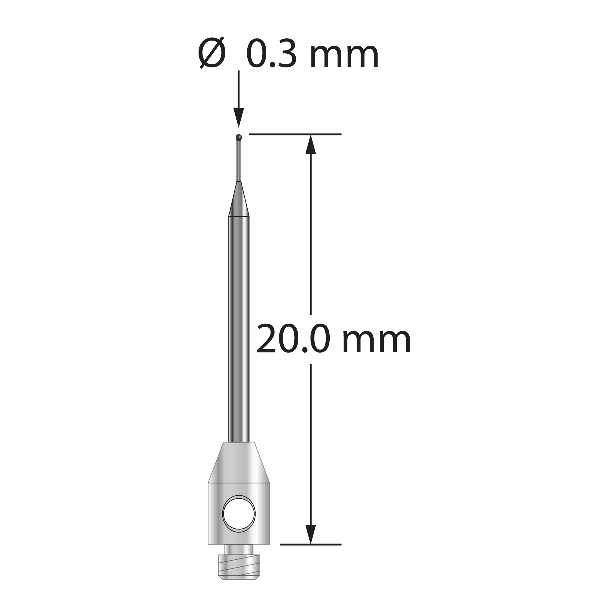 TM2-0320-SN M2 stylus with 0.3mm silicon nitride ball, tapered carbide stem, and stainless steel base by Q-Mark Manufacturing, Inc.