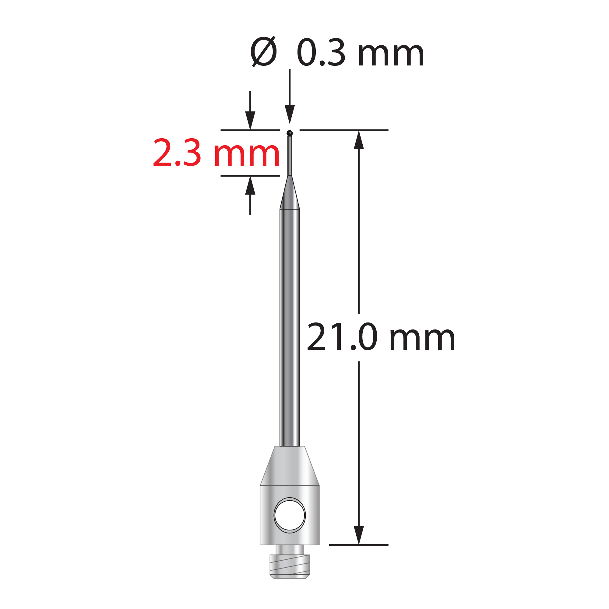 TM2-0321-SN M2 stylus with 0.3mm silicon nitride ball and stainless steel base, 21mm long.