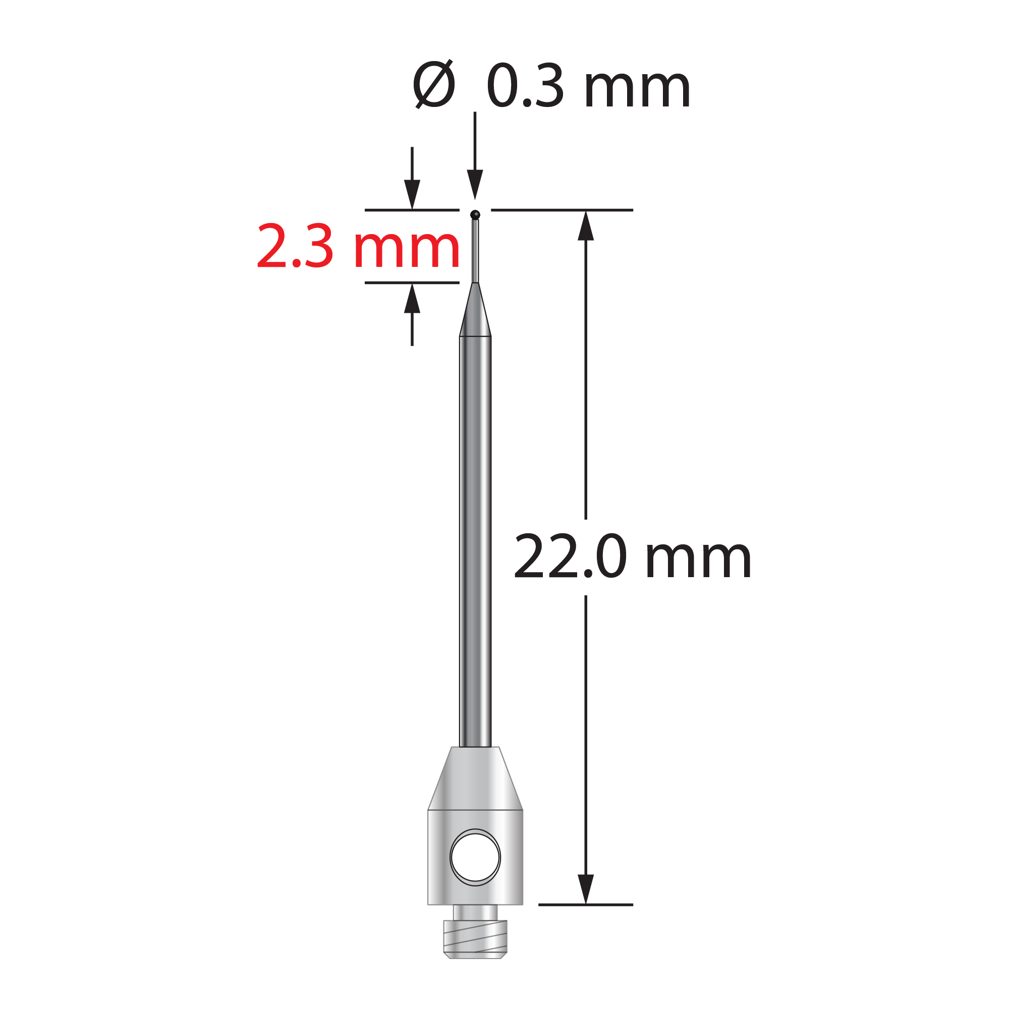 TM2-0322-SN M2 stylus with 0.3mm silicon nitride ball and tapered carbide stem, 22mm long.
