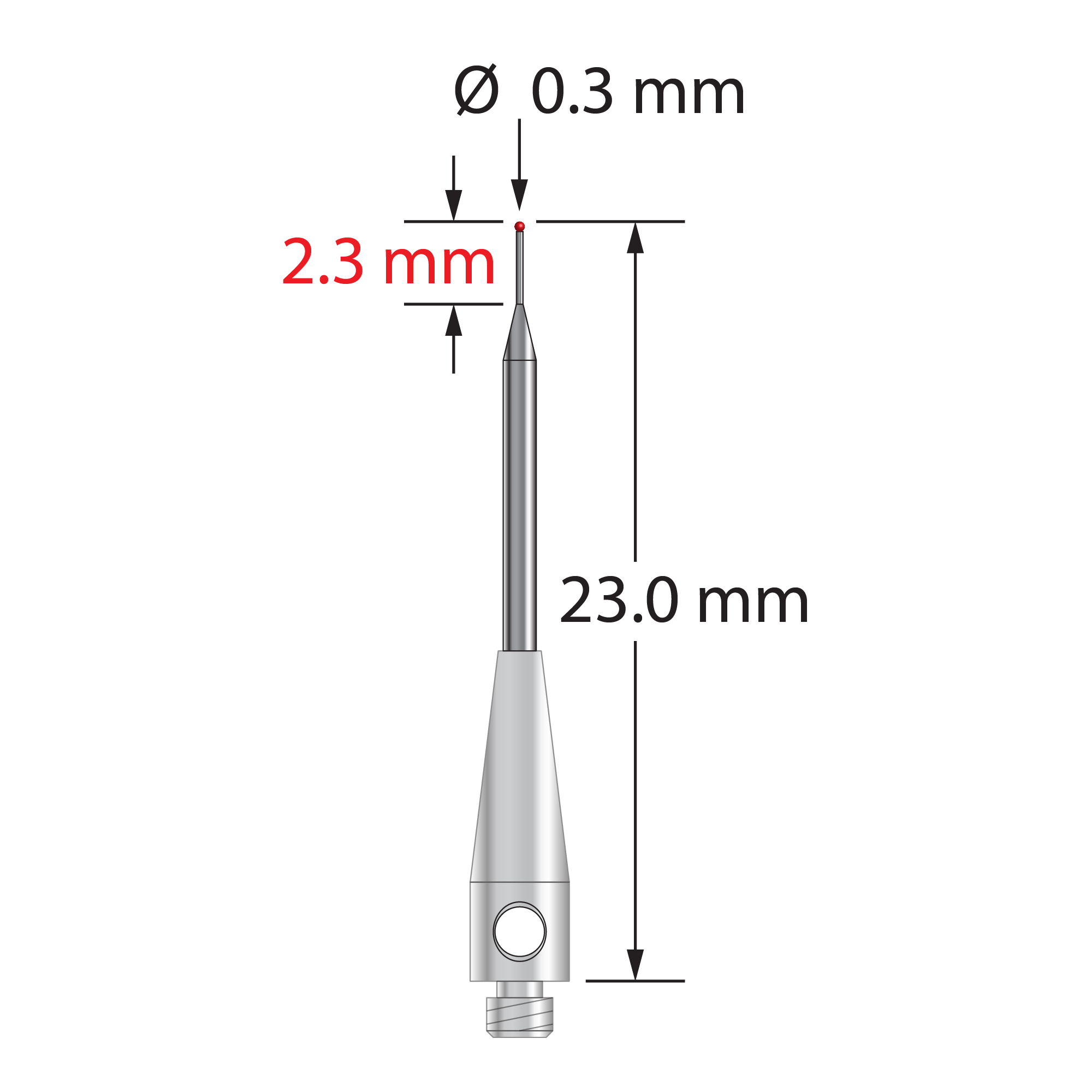 TM2-0323-R M2 stylus with 0.3mm ruby ball, tapered carbide stem, and stainless steel base.