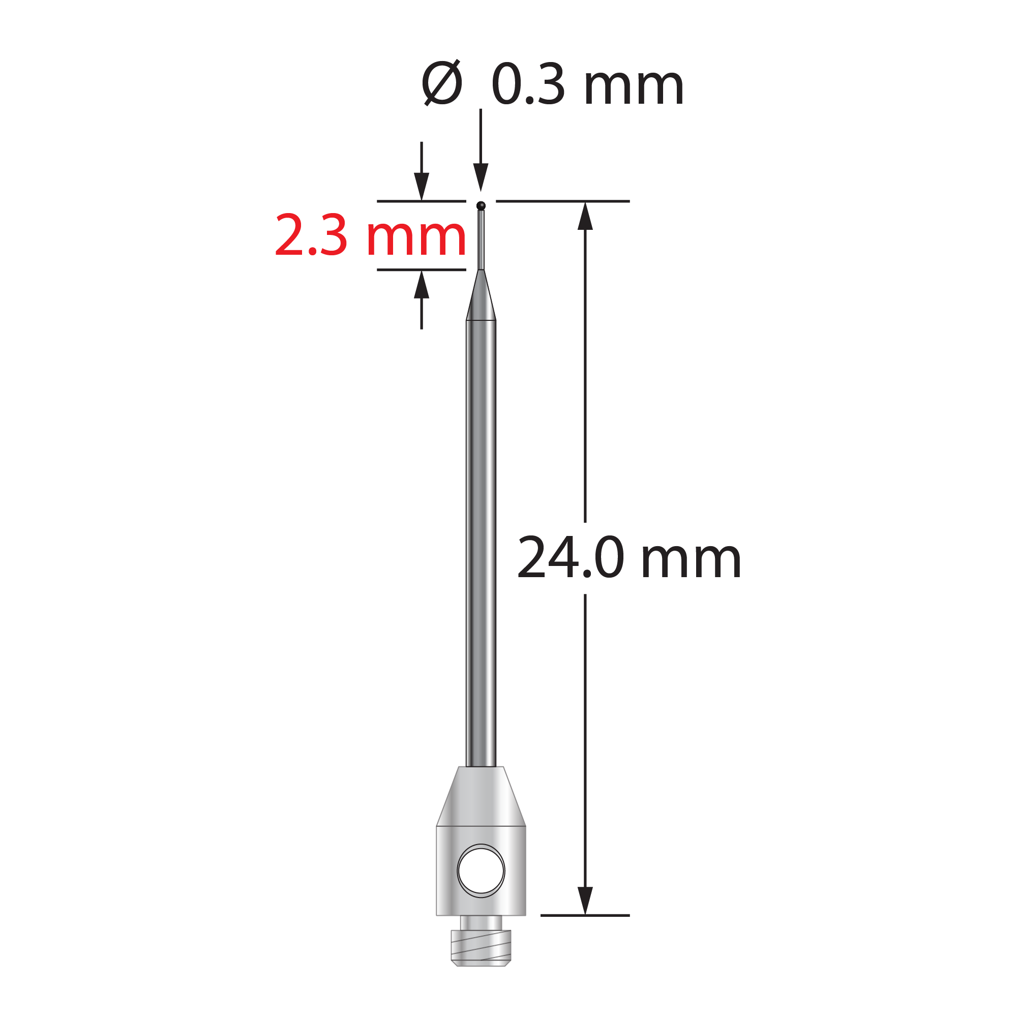 TM2-0324-SN M2 stylus with 0.3mm silicon nitride ball, carbide stem, and stainless steel base, 24mm long by Q-Mark Manufacturing, Inc.