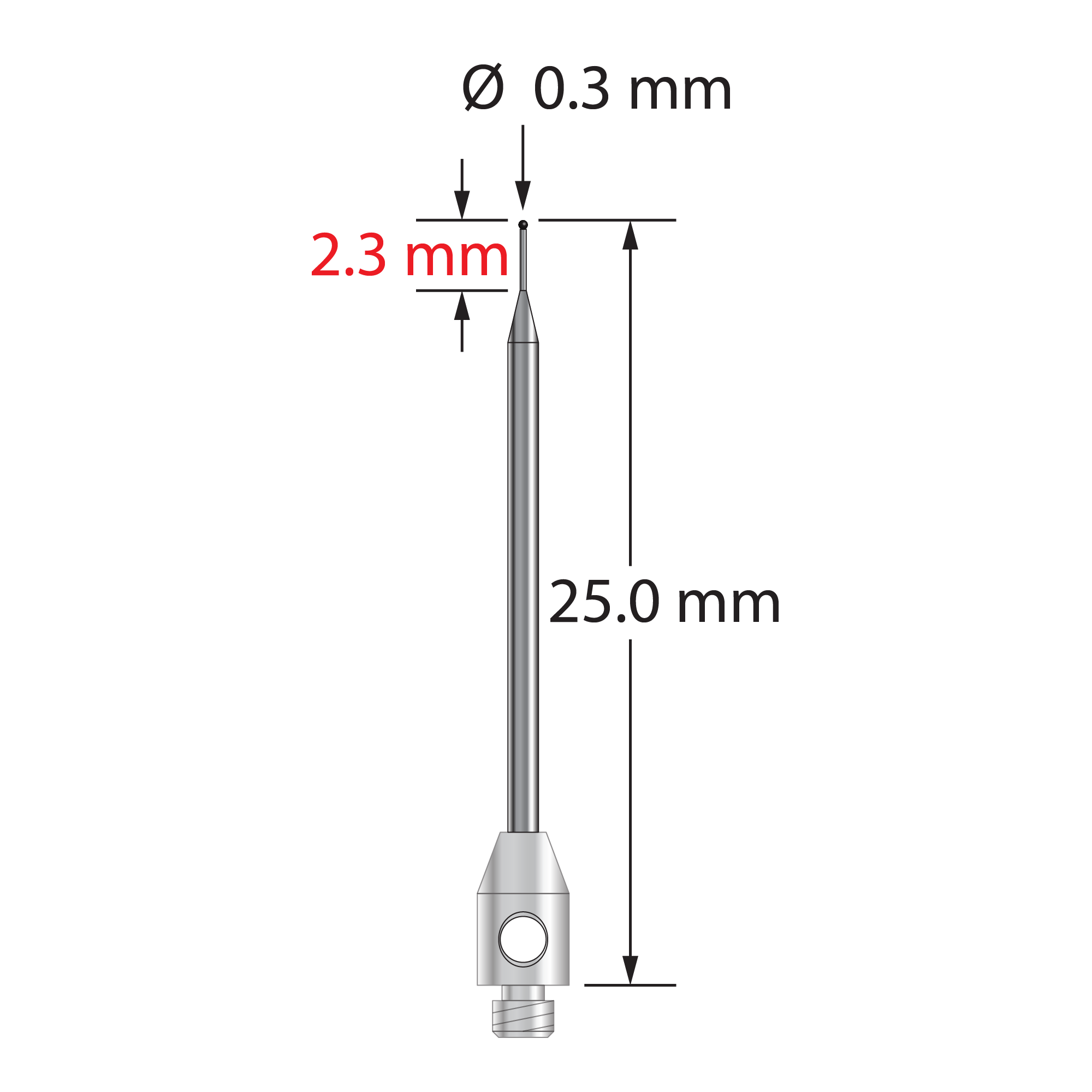 TM2-0325-SN M2 stylus with 0.3mm silicon nitride ball, carbide stem, stainless steel base, 25mm long.