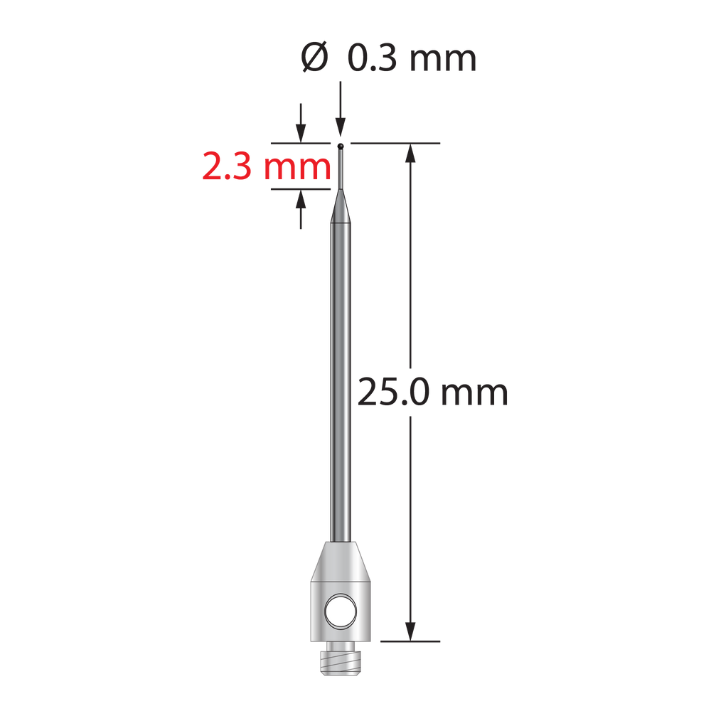 M2 stylus with 0.3 mm diameter silicon nitride ball, tapered carbide stem, and 3.0 mm diameter x 5.0 mm long stainless steel base. Minor stem diameter is 0.2 mm; major diameter is 1.0 mm. Overall stylus length is 25.0 mm. Stylus weight is 0.34 gram. Compare to Zeiss 626102-5245-025.