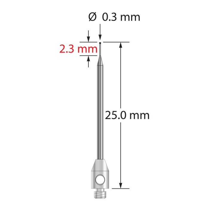 M2 stylus with 0.3 mm diameter silicon nitride ball, tapered carbide stem, and 3.0 mm diameter x 5.0 mm long stainless steel base. Minor stem diameter is 0.2 mm; major diameter is 1.0 mm. Overall stylus length is 25.0 mm. Stylus weight is 0.34 gram. Compare to Zeiss 626102-5245-025.