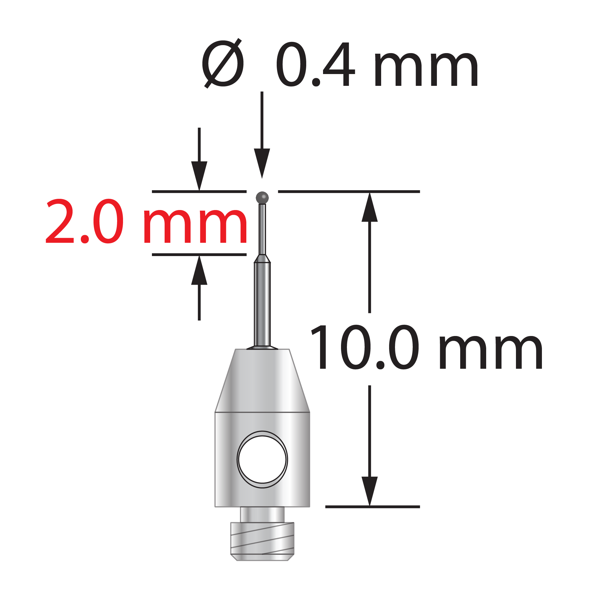 TM2-0410-C M2 stylus with 0.4mm carbide ball, stepped carbide stem, and stainless steel base, 10.0mm long by Q-Mark Manufacturing, Inc.
