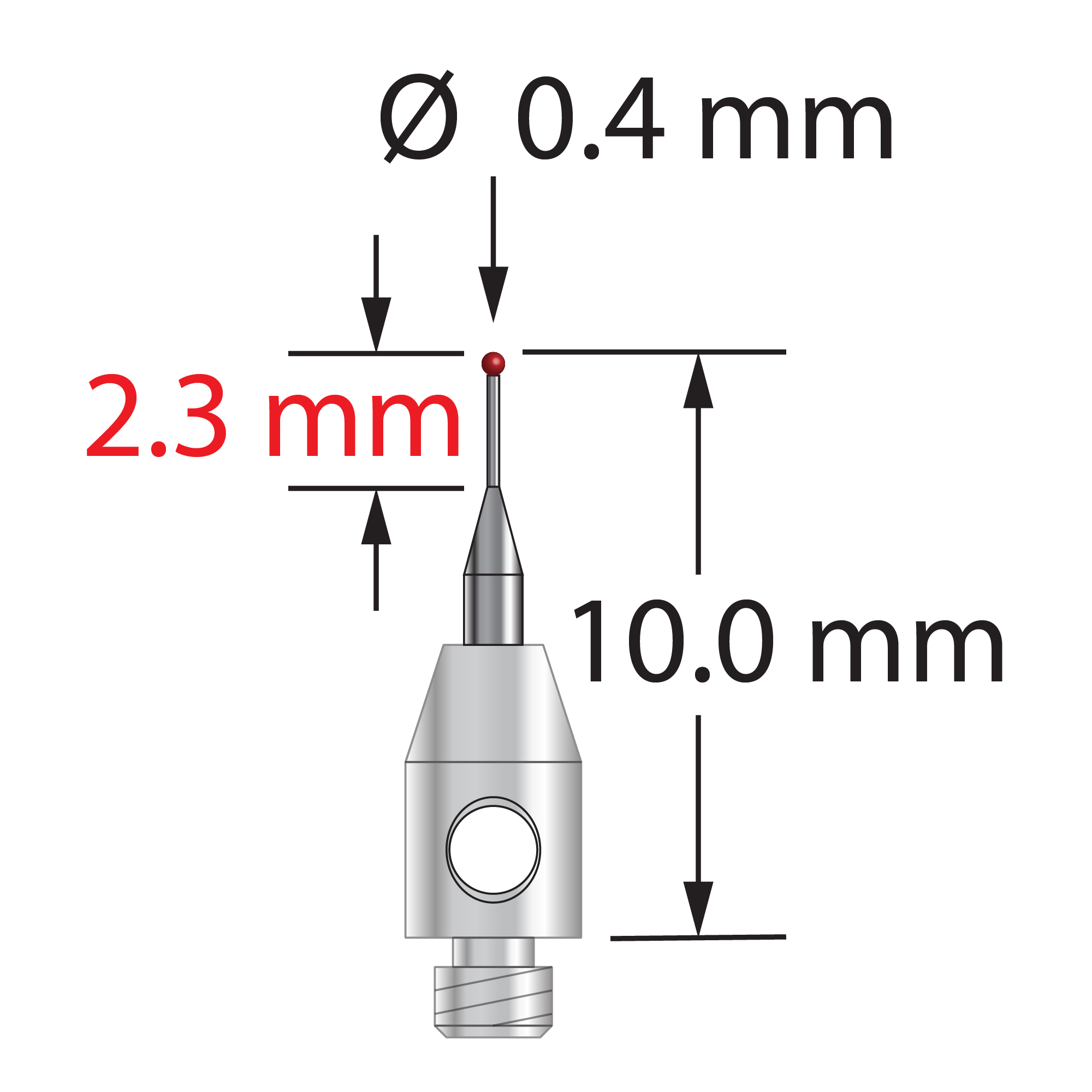 TM2-0410-R M2 stylus with 0.4mm ruby ball, tapered carbide stem, and stainless steel base, 10mm long.