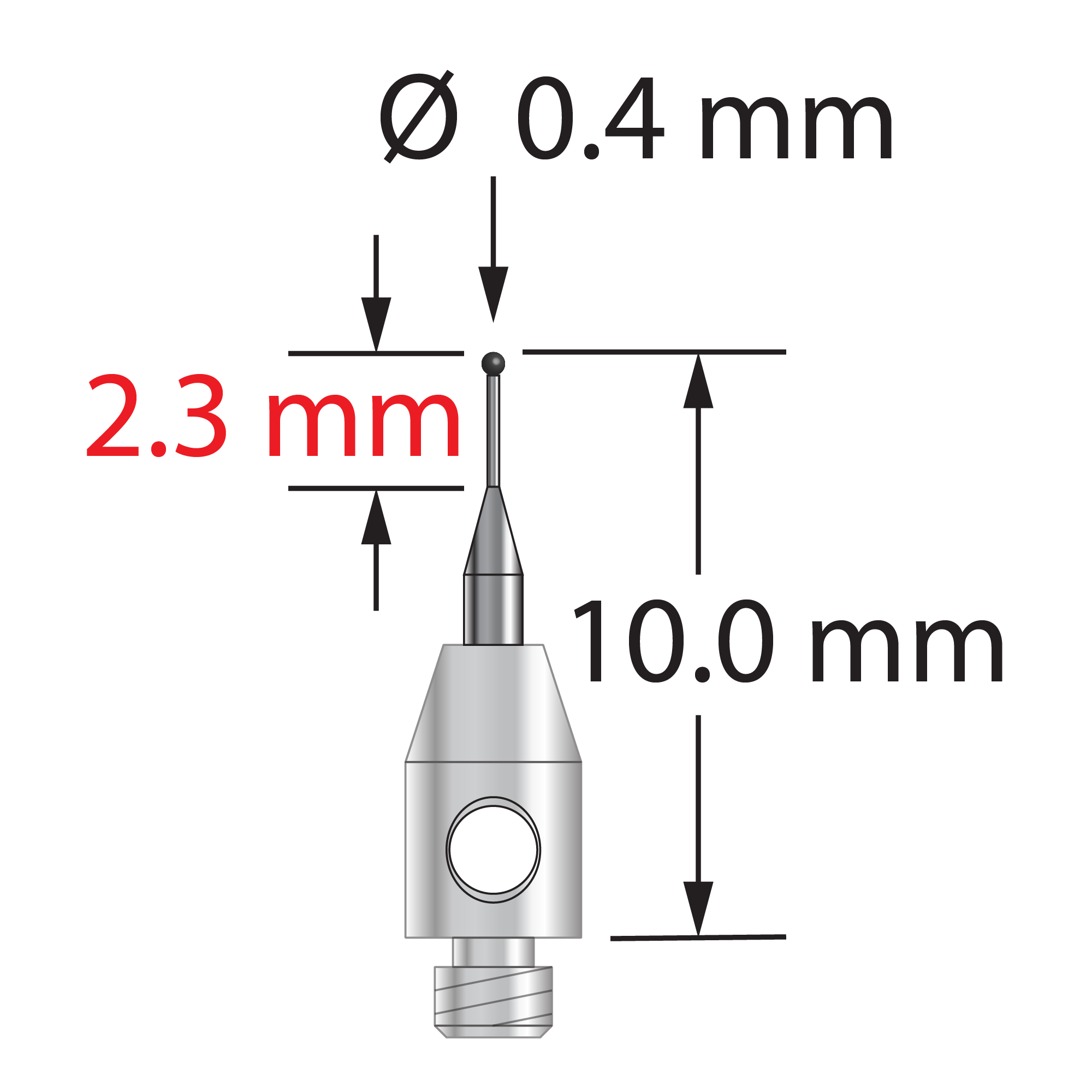 TM2-0410-SN M2 stylus with 0.4mm silicon nitride ball, carbide stem, and stainless steel base, 10mm long.