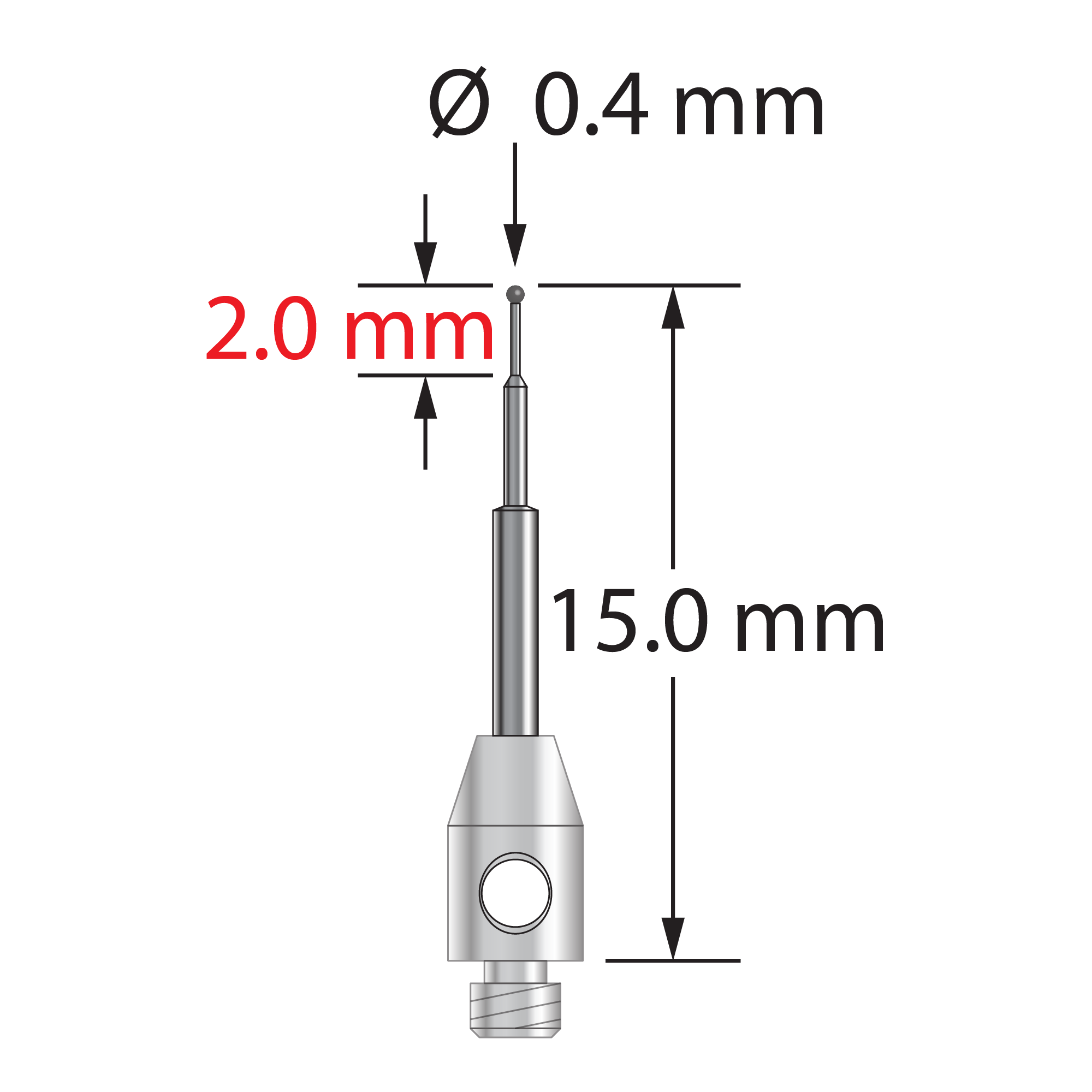 TM2-0415-C M2 stylus with 0.4mm carbide ball, stepped carbide stem, and stainless steel base, 15mm long.