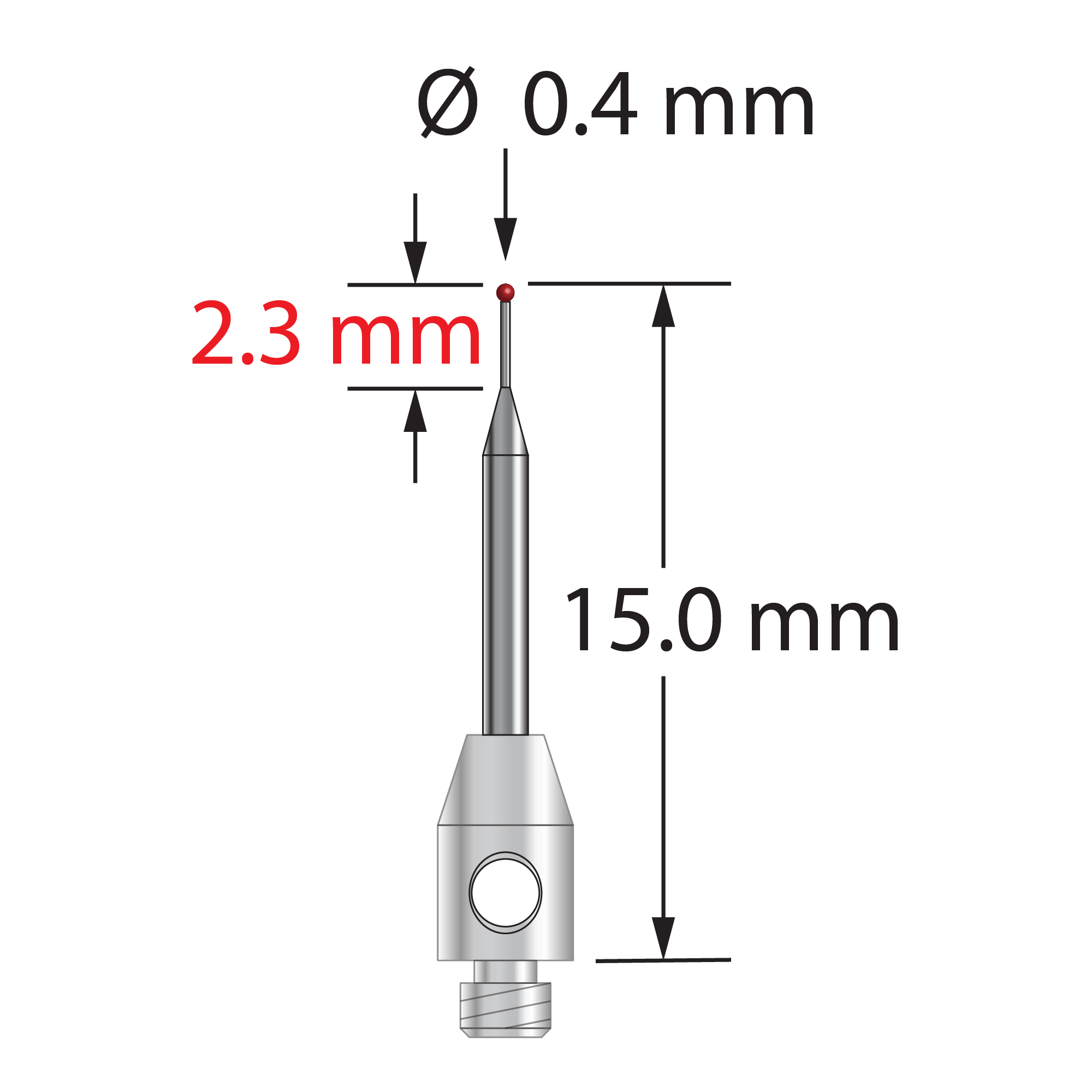 TM2-0415-R M2 stylus with 0.4mm ruby ball, tapered carbide stem, and stainless steel base by Q-Mark Manufacturing, Inc.