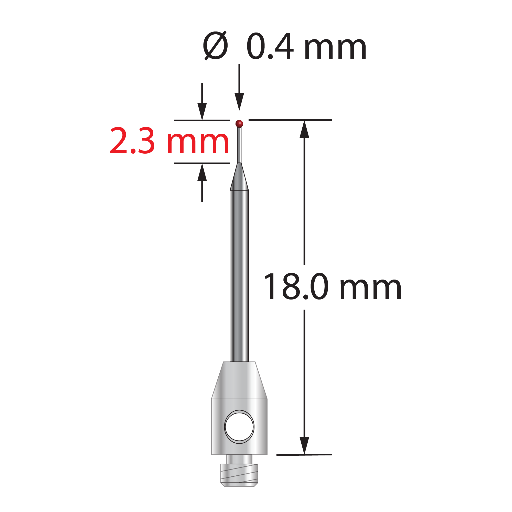 TM2-0418-SN M2 stylus with 0.4mm silicon nitride ball, carbide stem, and stainless steel base, 18mm long.