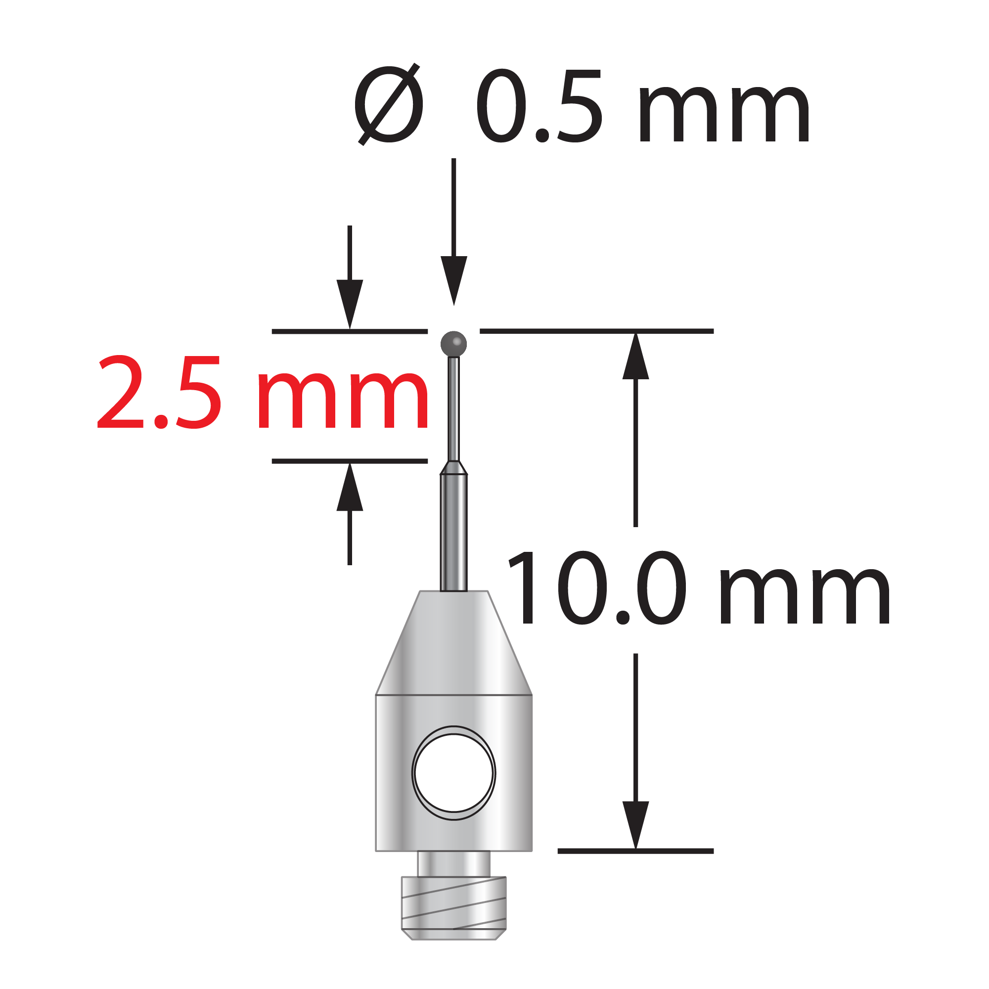 TM2-0510-C M2 stylus with 0.5mm carbide ball, stepped carbide stem, and stainless steel base, 10mm long.