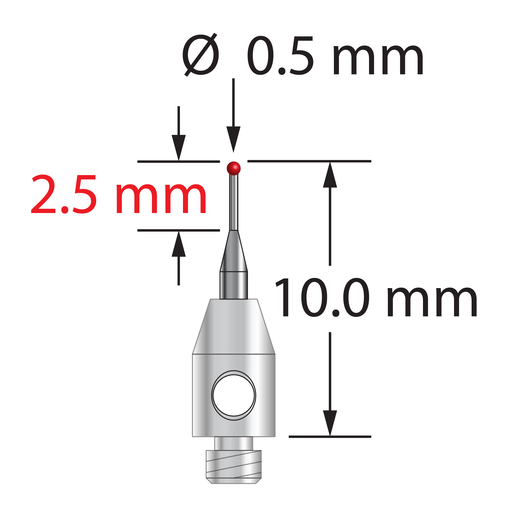 M2 stylus with 0.5 mm diameter ruby ball, tapered carbide stem, and 3.0 mm diameter x 5.0 mm long stainless steel base. Minor stem diameter is 0.3 mm, and major diameter is 1.0 mm. Overall stylus length is 10.0 mm. Stylus weight is 0.31 gram.
