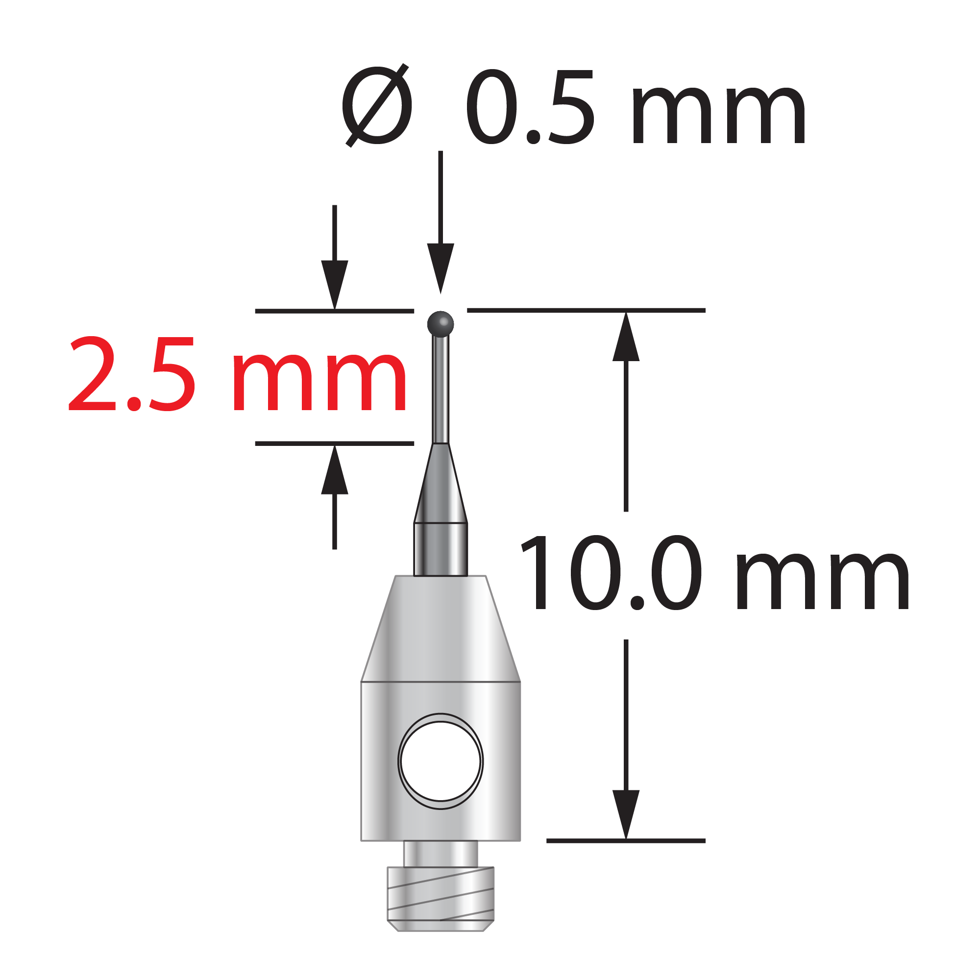 TM2-0510-SN M2 stylus with 0.5mm silicon nitride ball, tapered carbide stem, and stainless steel base.