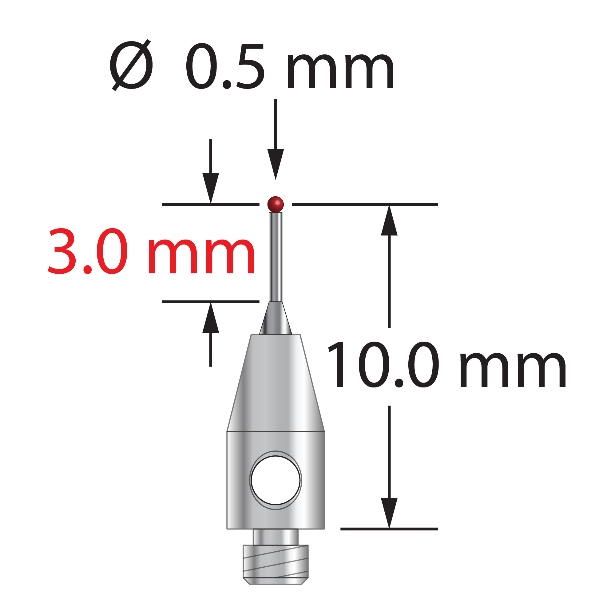 TM2-0510.25-R M2 stylus with 0.5mm ruby ball, tapered carbide stem, stainless steel base by Q-Mark Manufacturing, Inc.