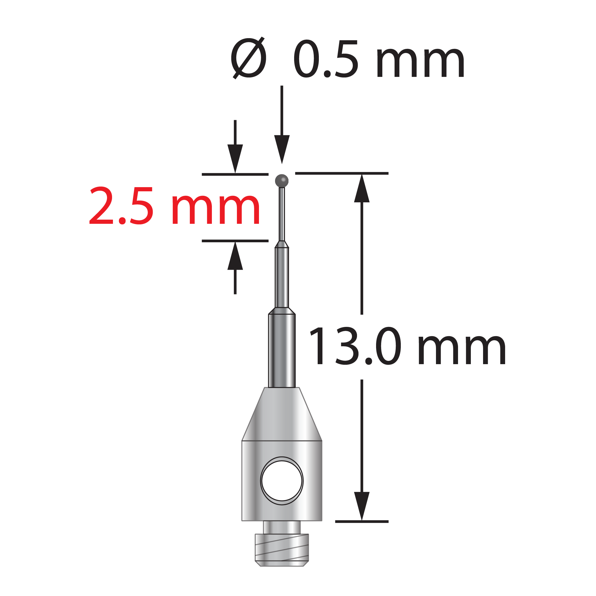 TM2-0513-C M2 stylus with 0.5mm carbide ball, stepped carbide stem, and stainless steel base, 13mm long.