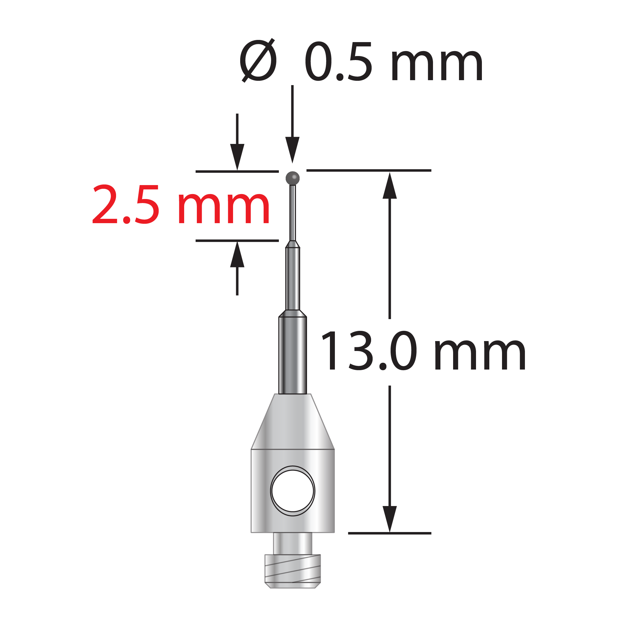 M2 stylus with 0.5 mm diameter carbide ball, stepped carbide stem, and 3.0 mm diameter x 5.0 mm long stainless steel base. Minor stem diameter is 0.3 mm, intermediate diameter is 0.6 mm, major diameter is 1.0 mm. Overall stylus length is 13.0 mm. Stylus weight is 0.25 gram.