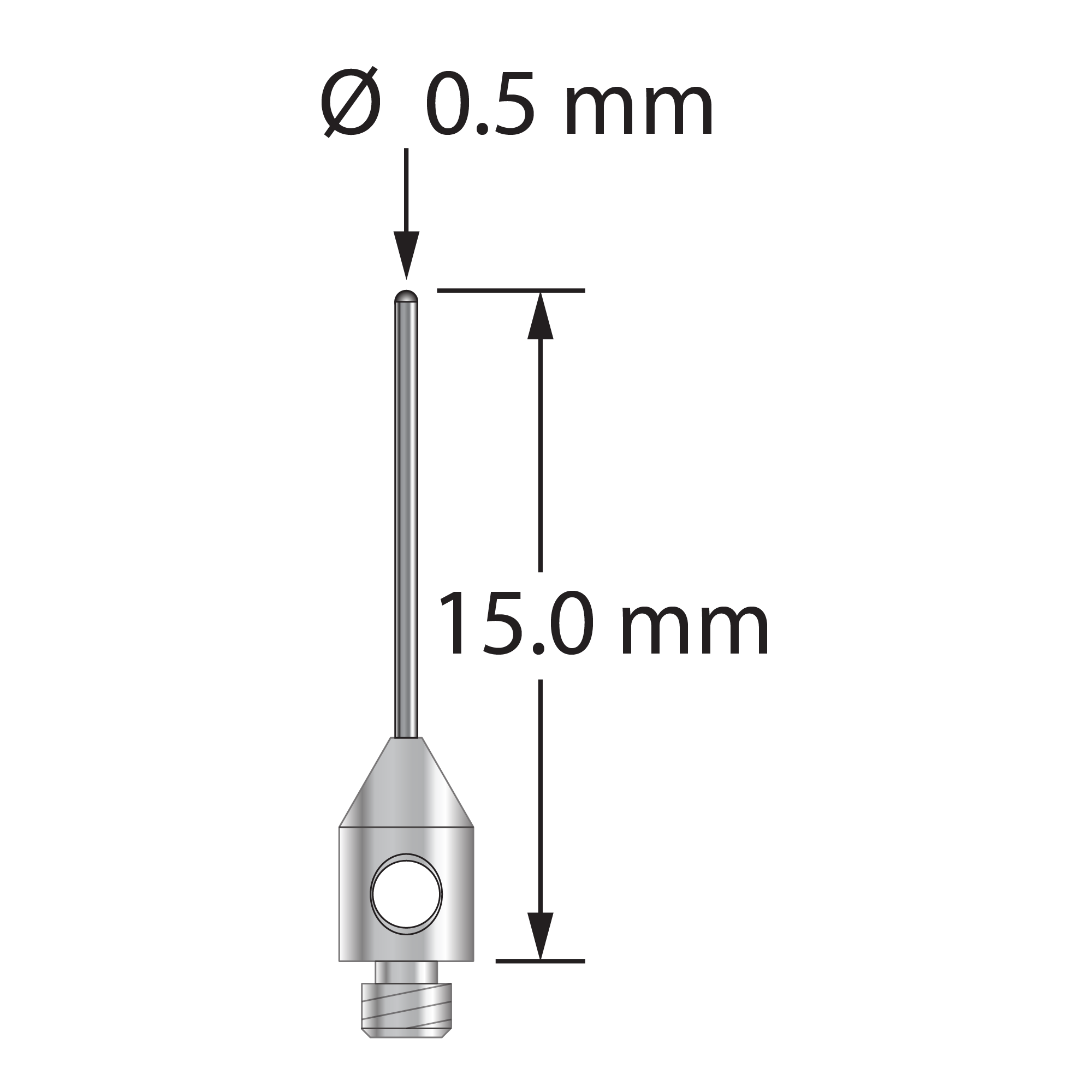 TM2-0515-BC M2 stylus with 0.5mm carbide cylinder and stainless steel base, 15mm long, by Q-Mark Manufacturing, Inc.