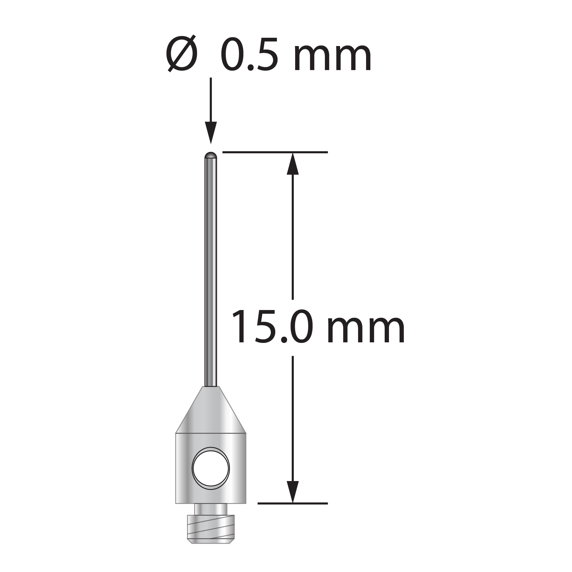 M2 stylus with 0.5 mm diameter carbide cylinder and 3.0 mm diameter x 5.0 mm long stainless steel base. &nbsp;Overall stylus length is 15.0 mm. &nbsp;Stylus weight is 0.28 gram. Compare to Renishaw A-5003-1210.