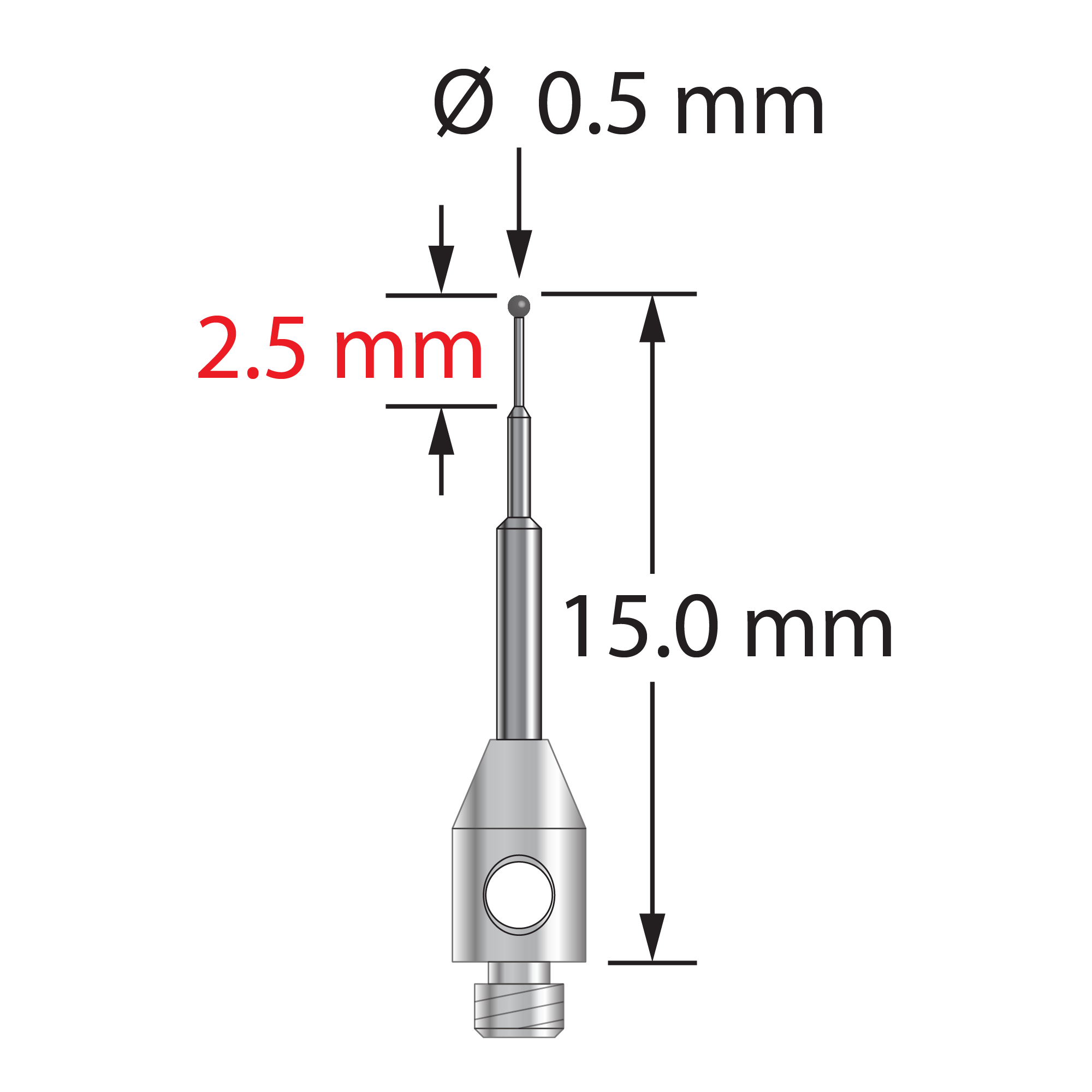 TM2-0515-C M2 stylus with 0.5mm carbide ball, stepped carbide stem, and stainless steel base, 15mm long.